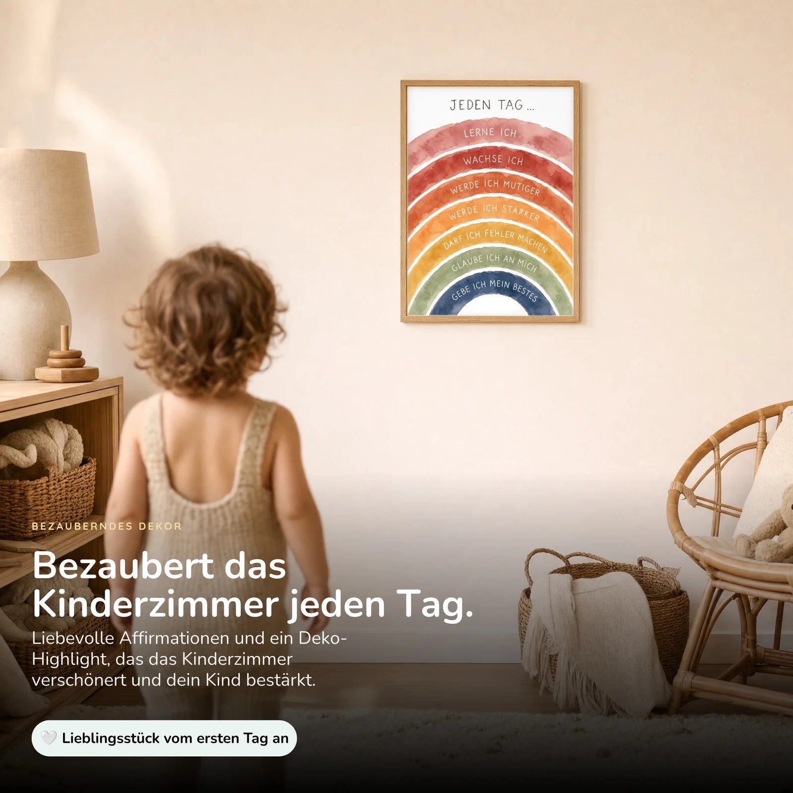 Affirmationsposter Kinderzimmer Regenbogen Jeden Tag, im Kinderzimmer an der Wand