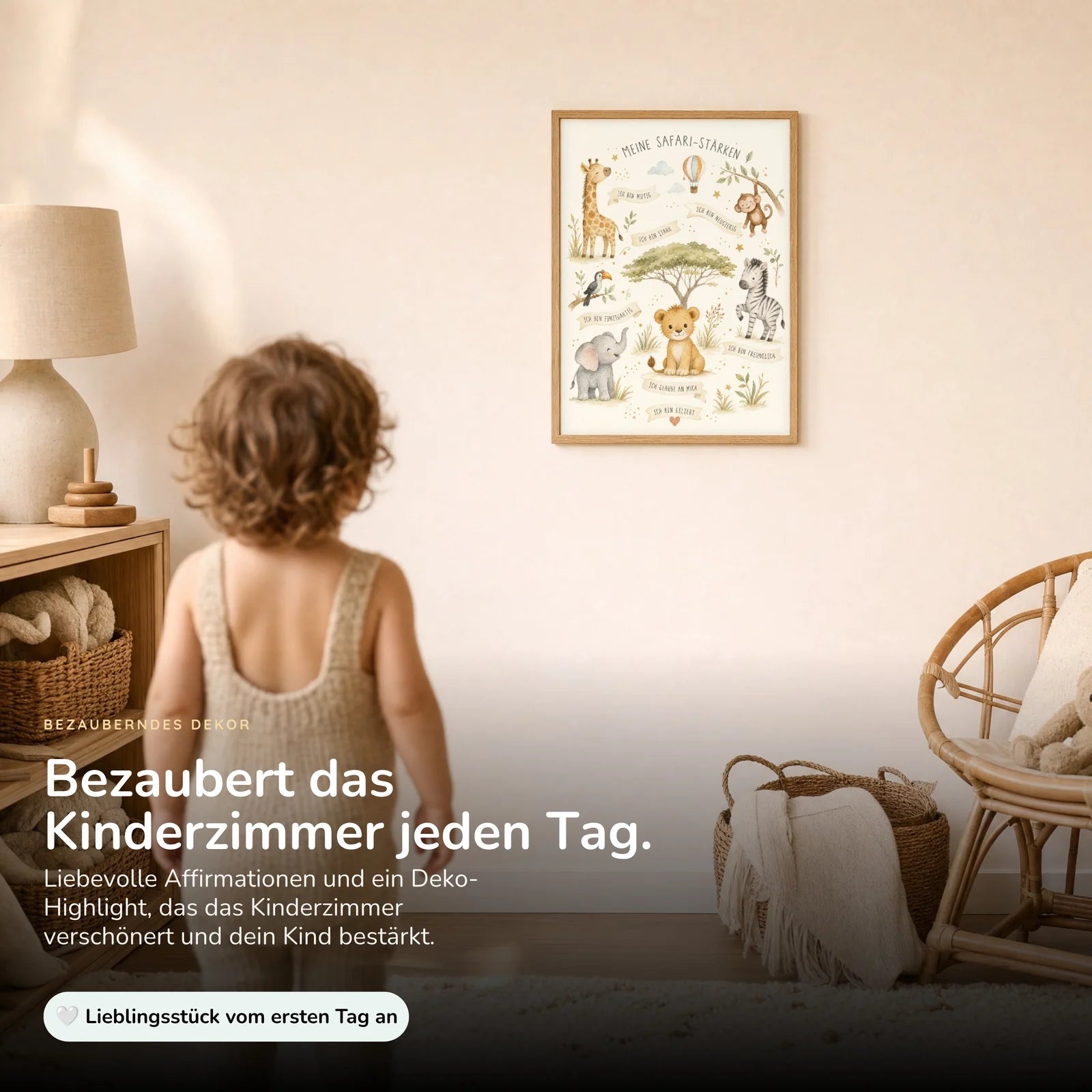 Affirmationsposter Kinderzimmer Safari-Stärken, im Kinderzimmer an der Wand