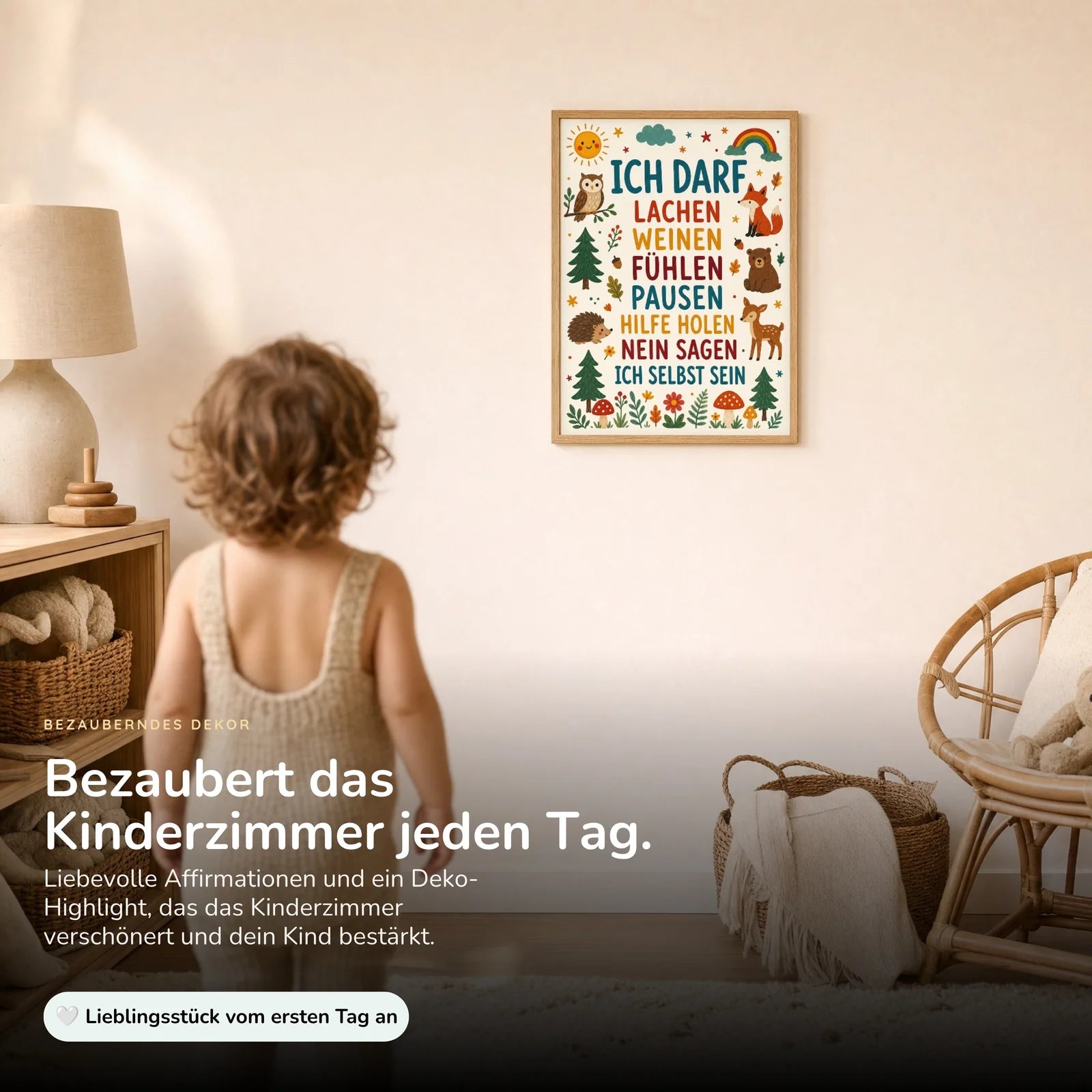 Affirmationsposter Kinderzimmer Wald Ich darf lachen, im Kinderzimmer an der Wand