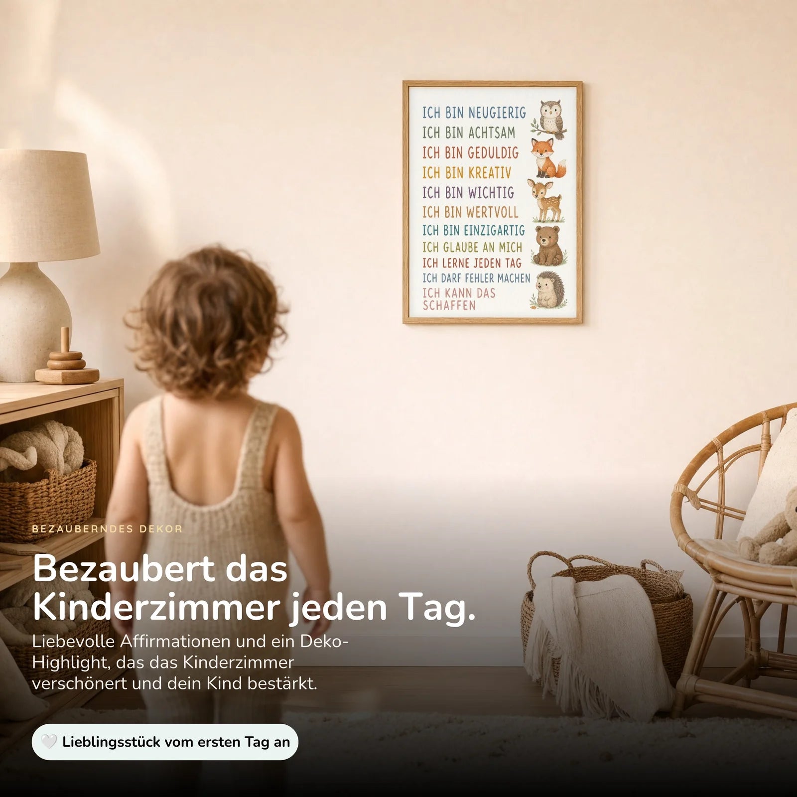 Affirmationsposter Kinderzimmer Waldtiere, im Kinderzimmer an der Wand