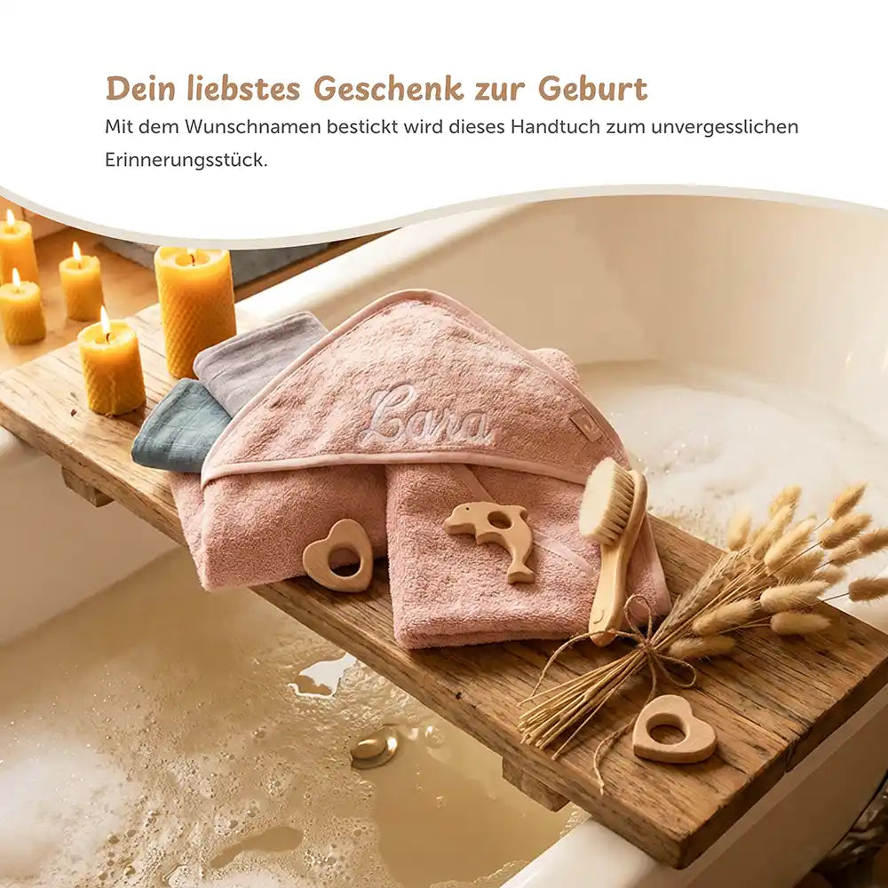 Kapuzenhandtuch Baby personalisiert – Biscuit mit besticktem Namen, kuscheliges Frottee-Handtuch mit Kapuze für Badestunden