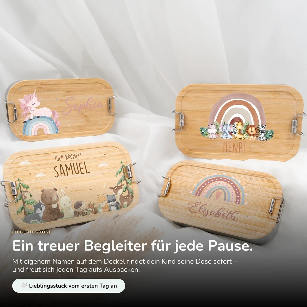 Brotdose Kinder personalisiert - Tierfamilie unter Regenbogen
