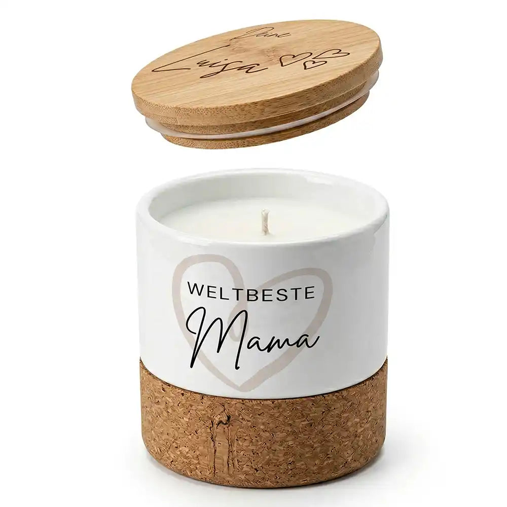 Duftkerze Vanille Keramik Weltbeste Mama Herz – Boho-Stil mit Bambusdeckel