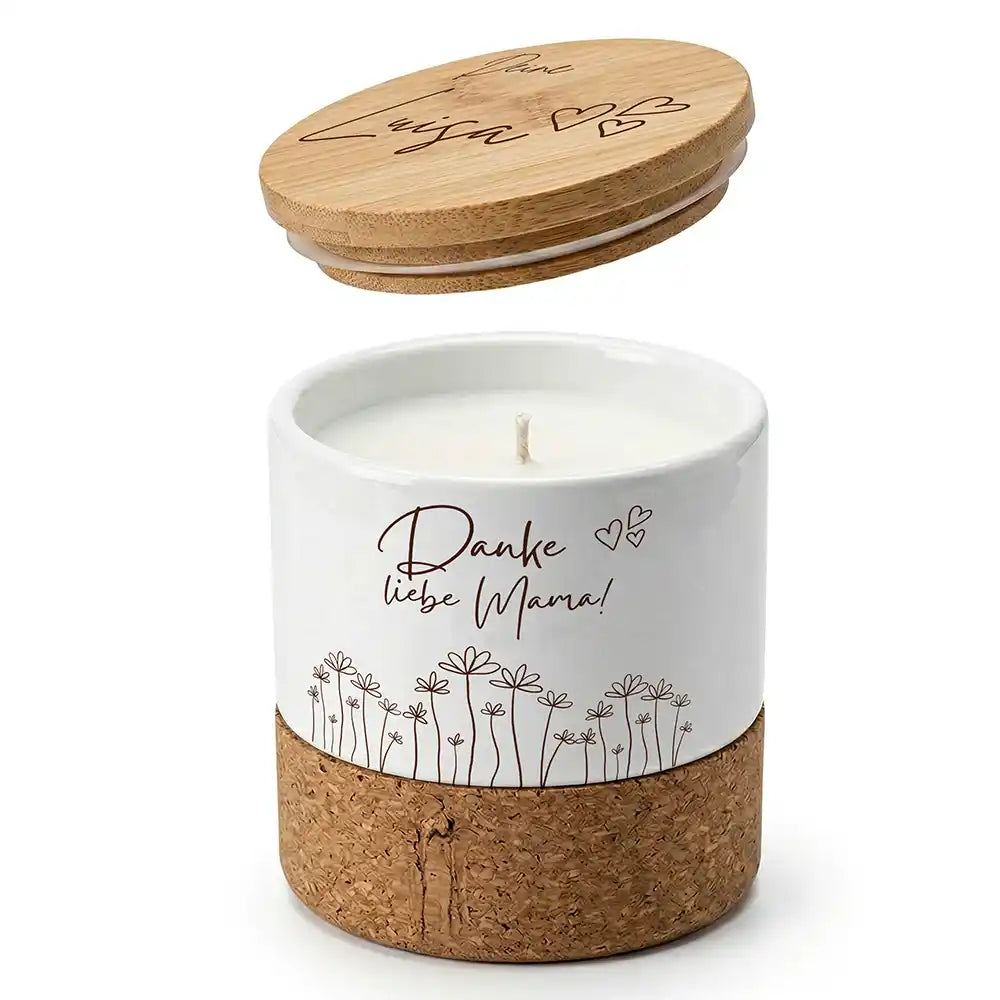 Duftkerze Vanille Keramik Danke Mama Wildblumen – Boho-Stil mit Bambusdeckel