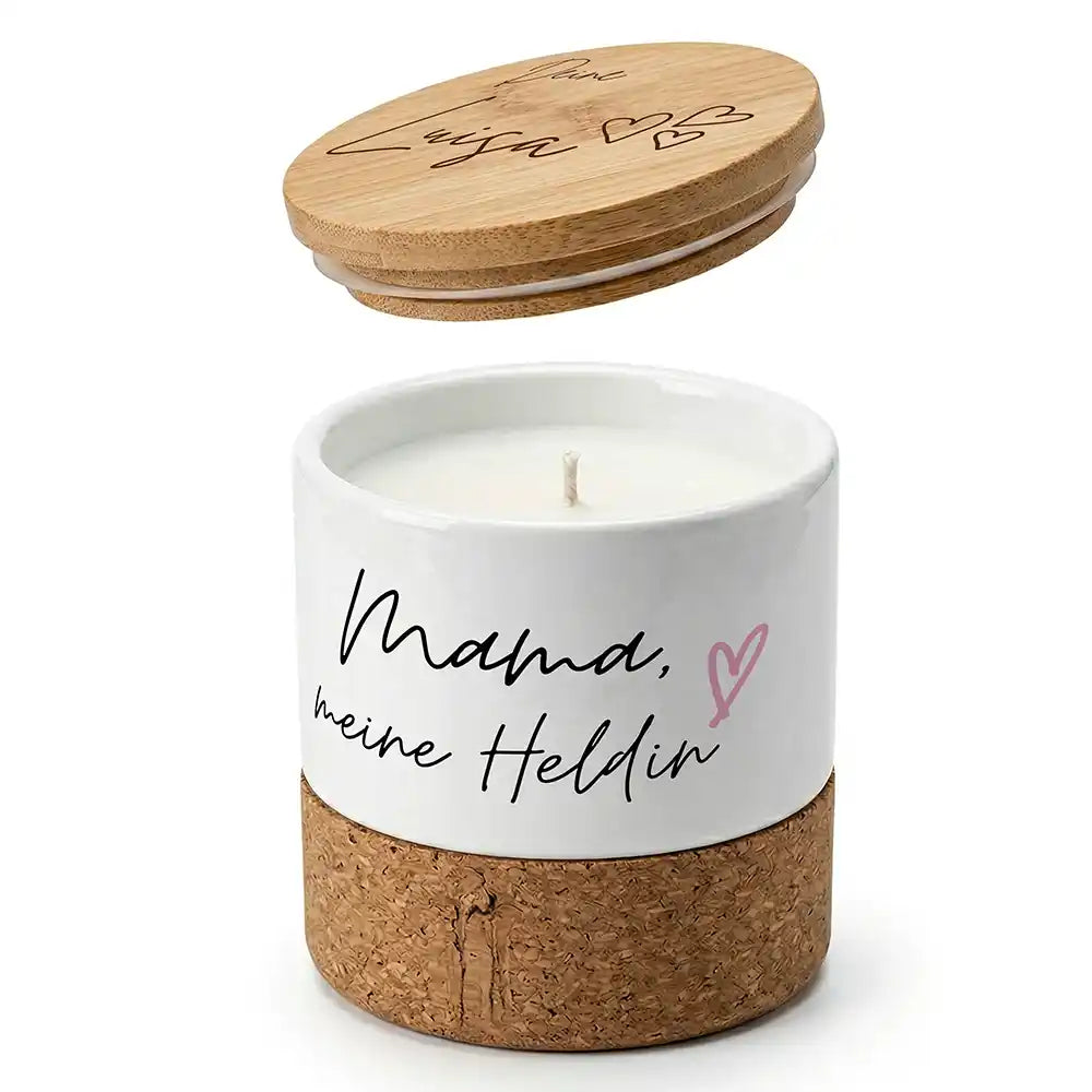 Duftkerze Vanille Keramik Mama meine Heldin – Boho-Stil mit Bambusdeckel