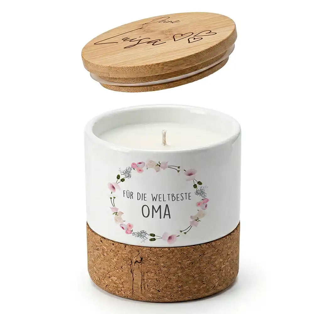 Duftkerze Vanille Keramik Oma Blumenkranz – Boho-Stil mit Bambusdeckel