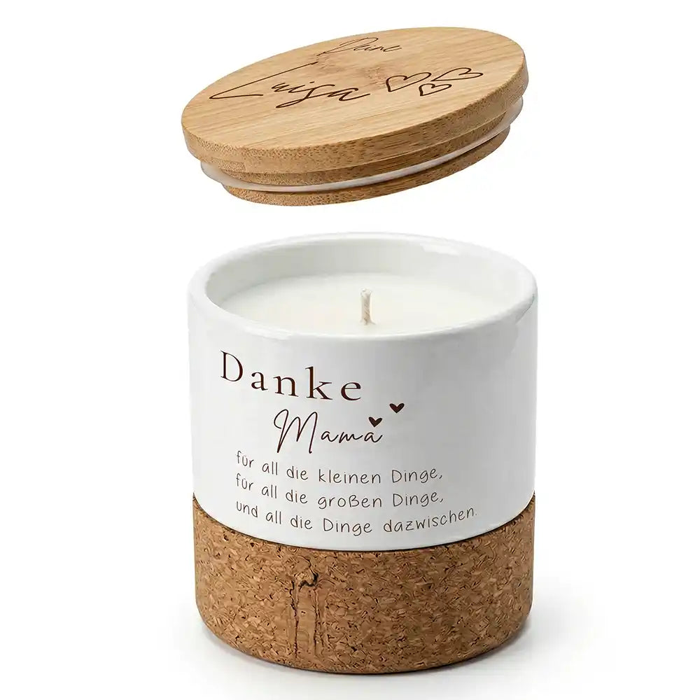 Duftkerze Vanille Keramik Danke Mama Herzen – Boho-Stil mit Bambusdeckel