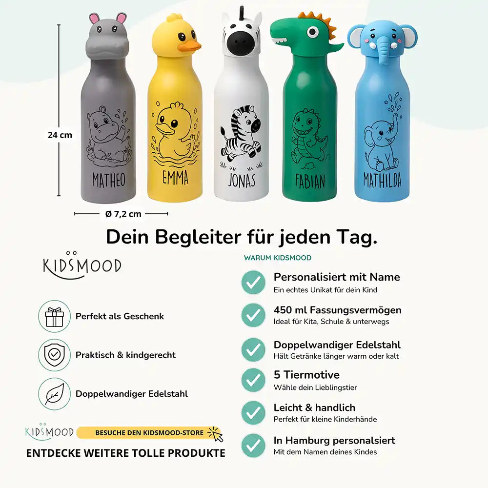 Personalisierte Trinkflasche Kinder Zebra, personalisiert mit Lieblingstier und Name