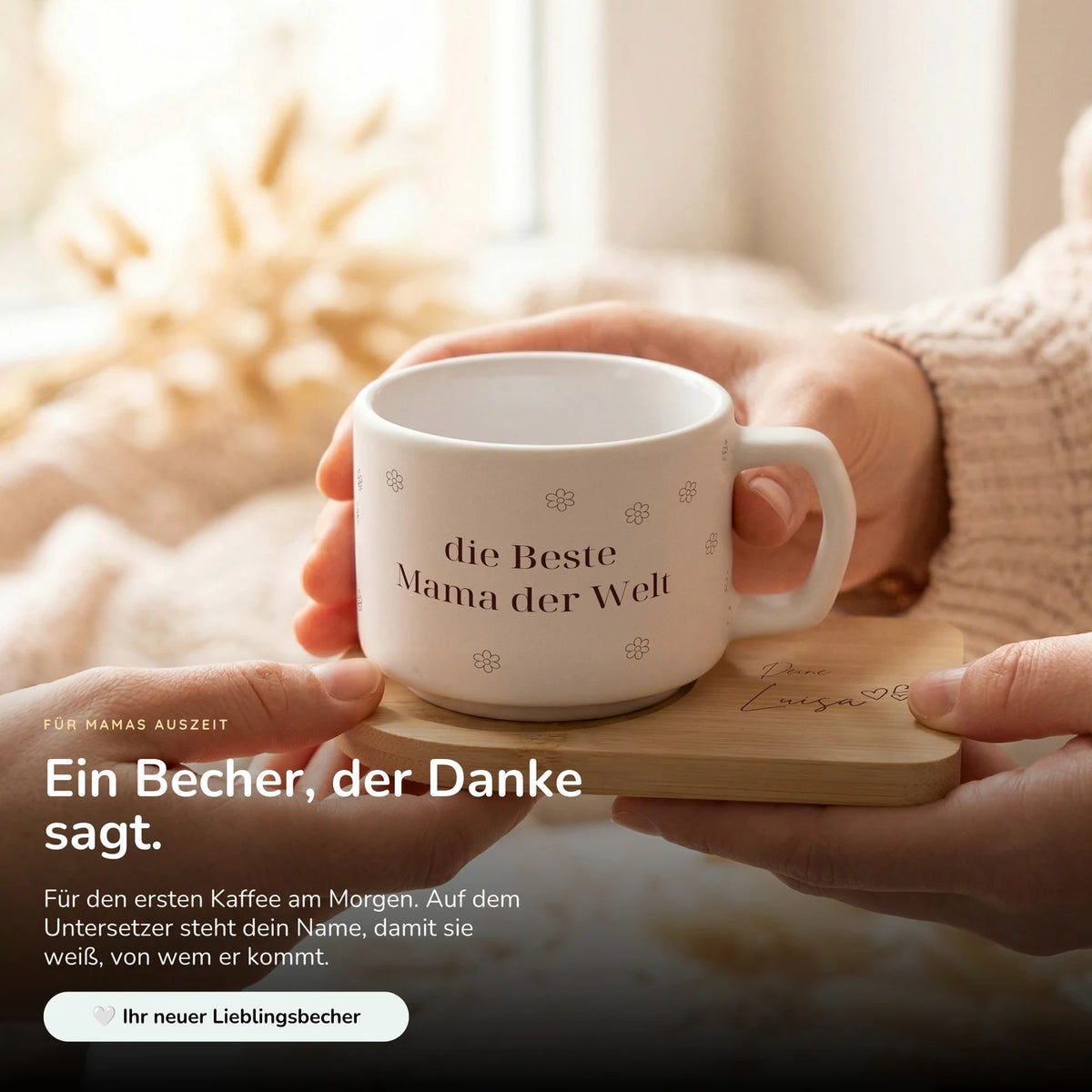 Muttertagsgeschenk Keramikbecher mit Untersetzer – Beste Mama Blümchen