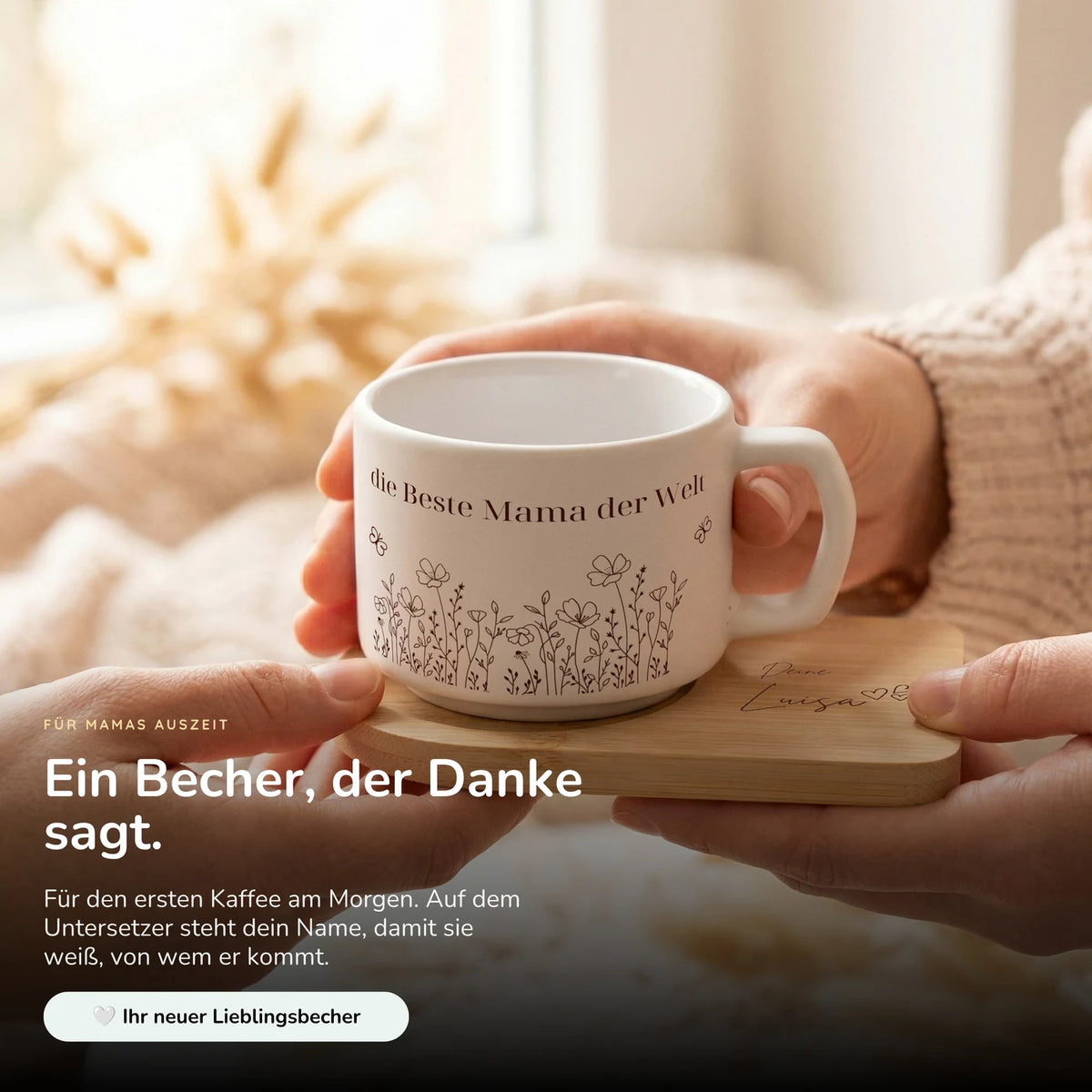 Muttertagsgeschenk Keramikbecher mit Untersetzer – Blumenwiese Beste Mama