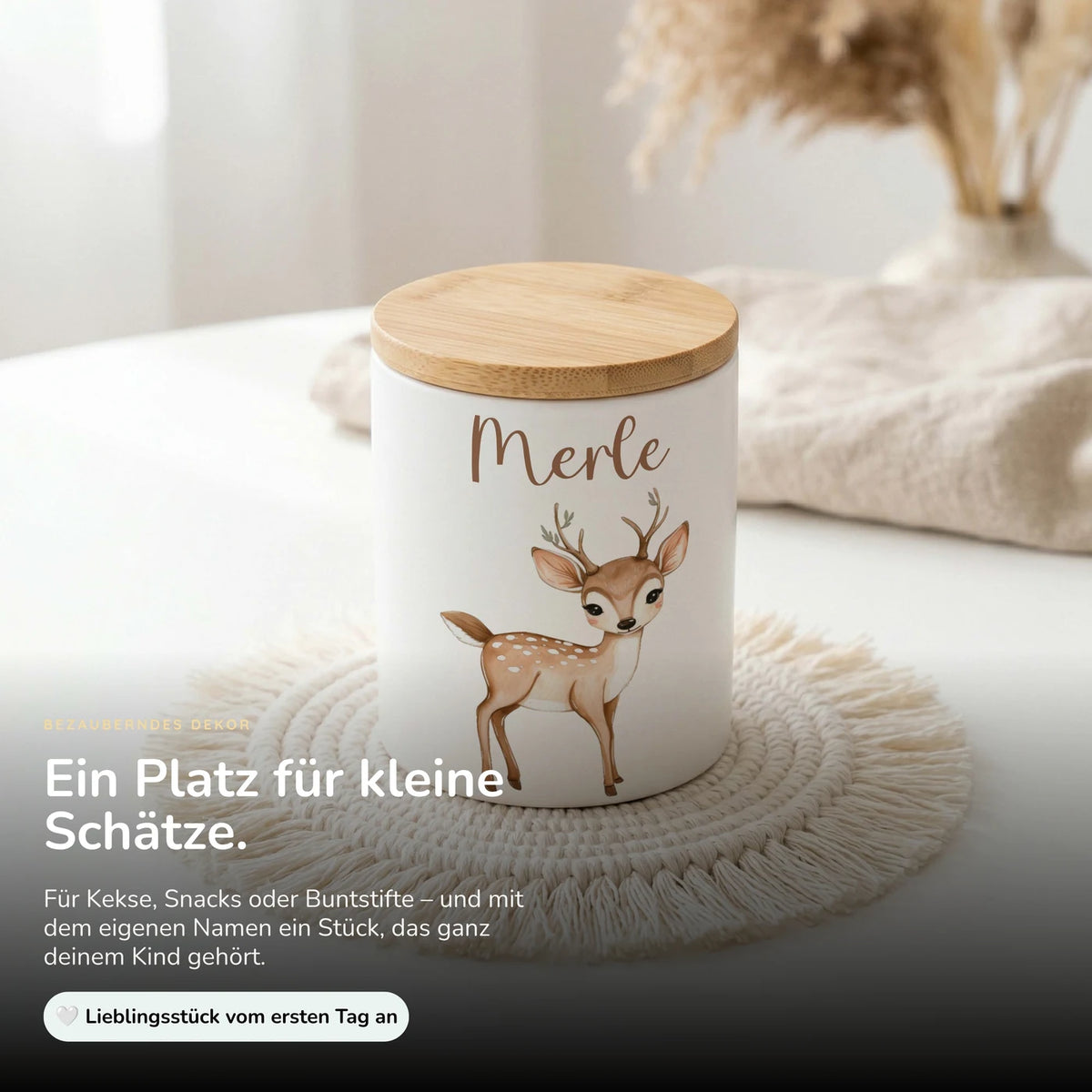 Personalisierte Keksdose Rehkitz Bambi – Keramik & Bambus mit Wunschname