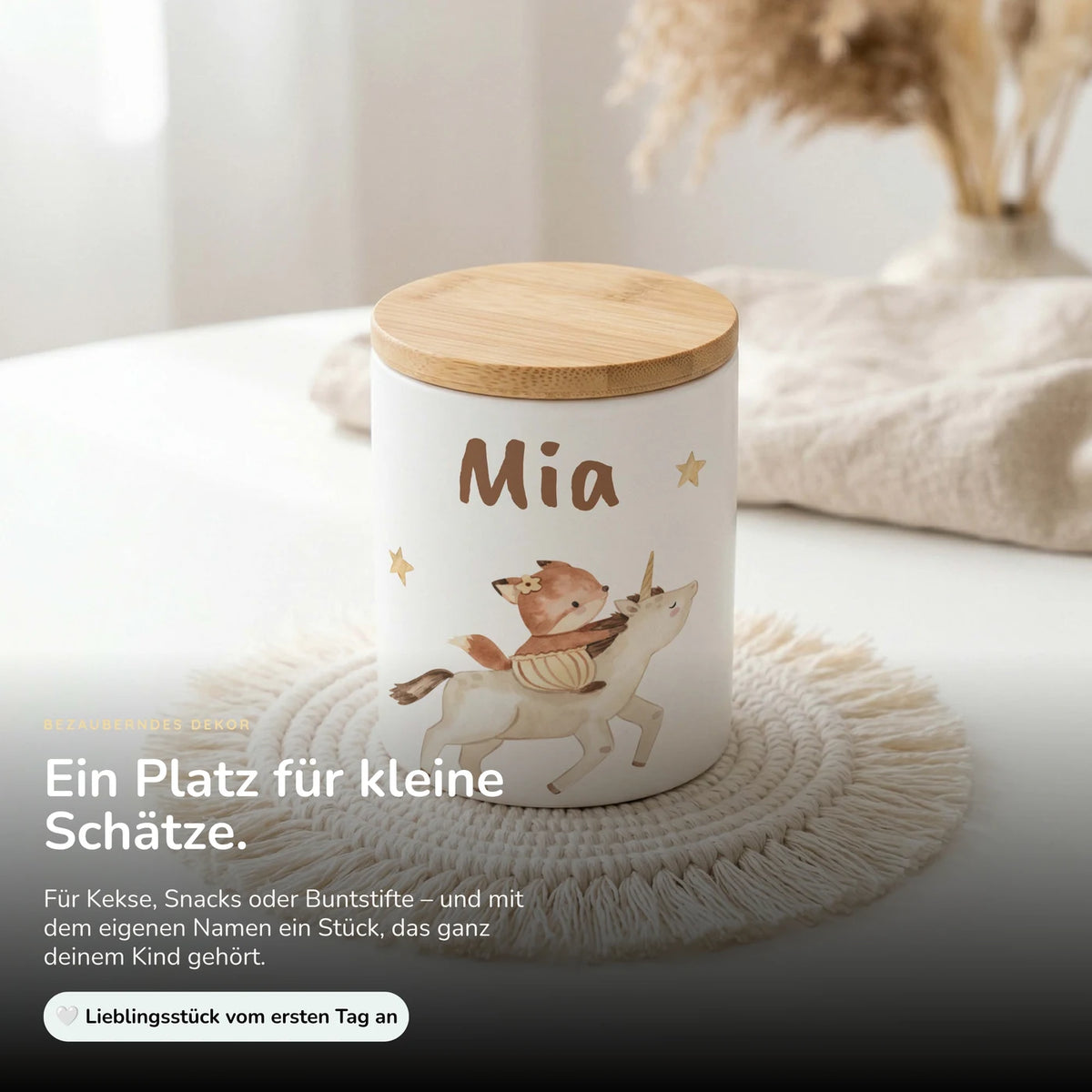Personalisierte Keksdose Fuchs & Einhorn – Keramik & Bambus mit Wunschname