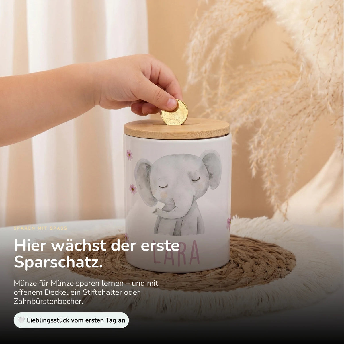 Personalisierte Spardose Elefant Blumen – Keramik & Bambus mit Wunschname
