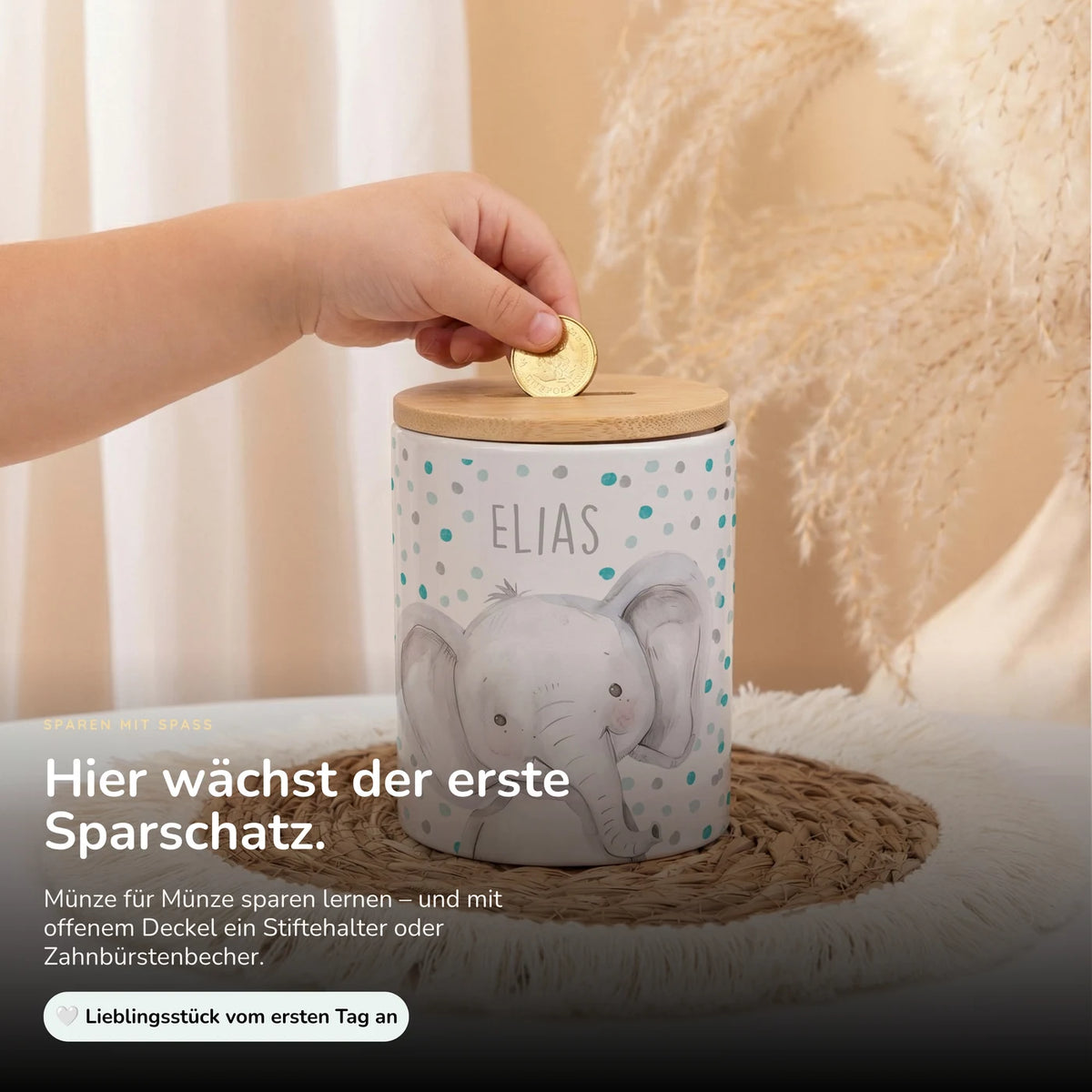 Personalisierte Spardose Elefant Konfetti – Keramik & Bambus mit Wunschname