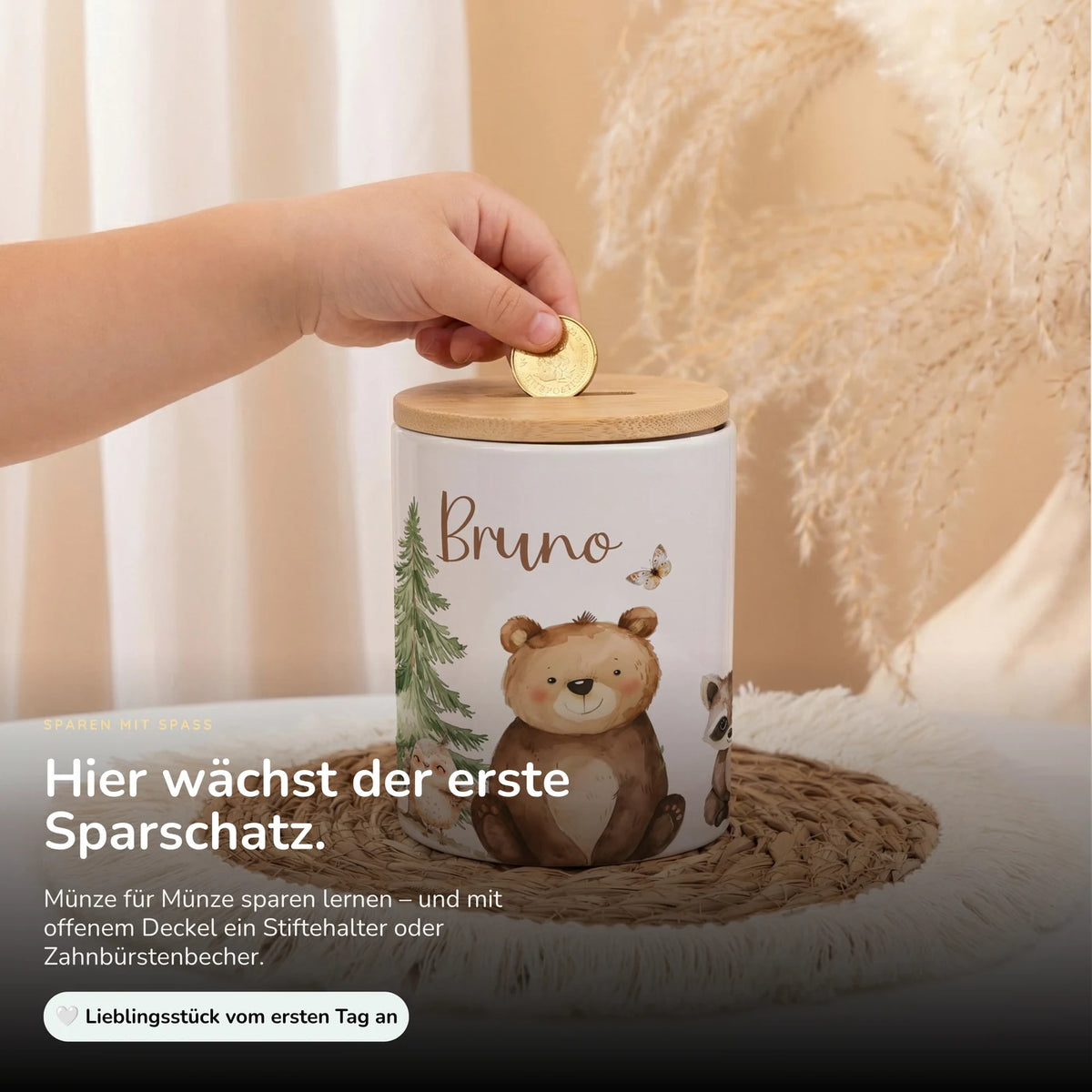 Personalisierte Spardose Bär & Waschbär – Keramik & Bambus mit Wunschname