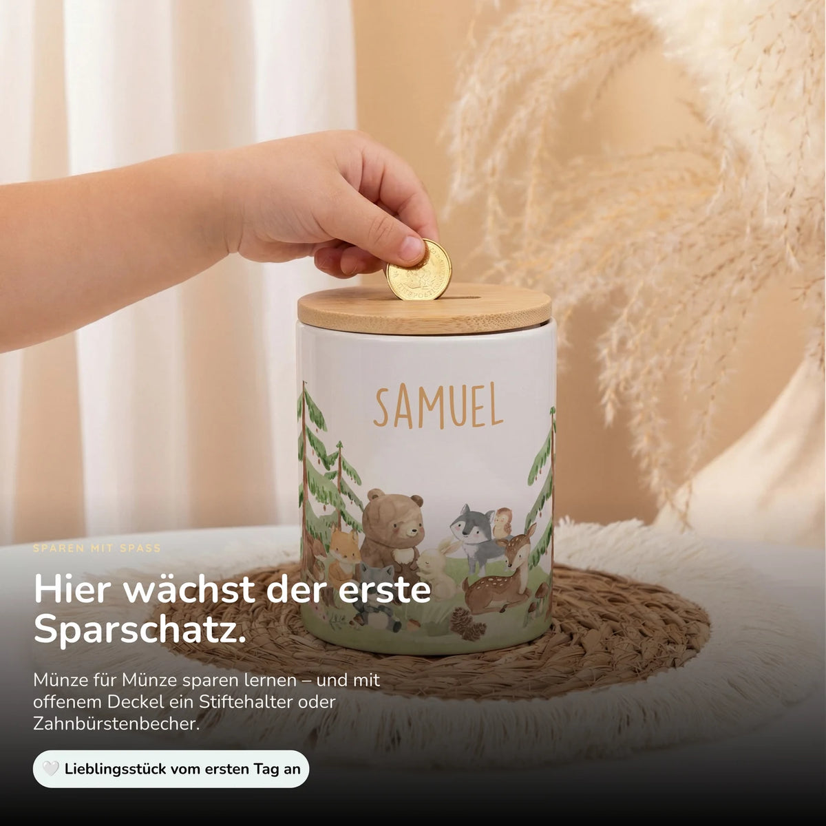 Personalisierte Spardose Waldfreunde II – Keramik & Bambus mit Wunschname