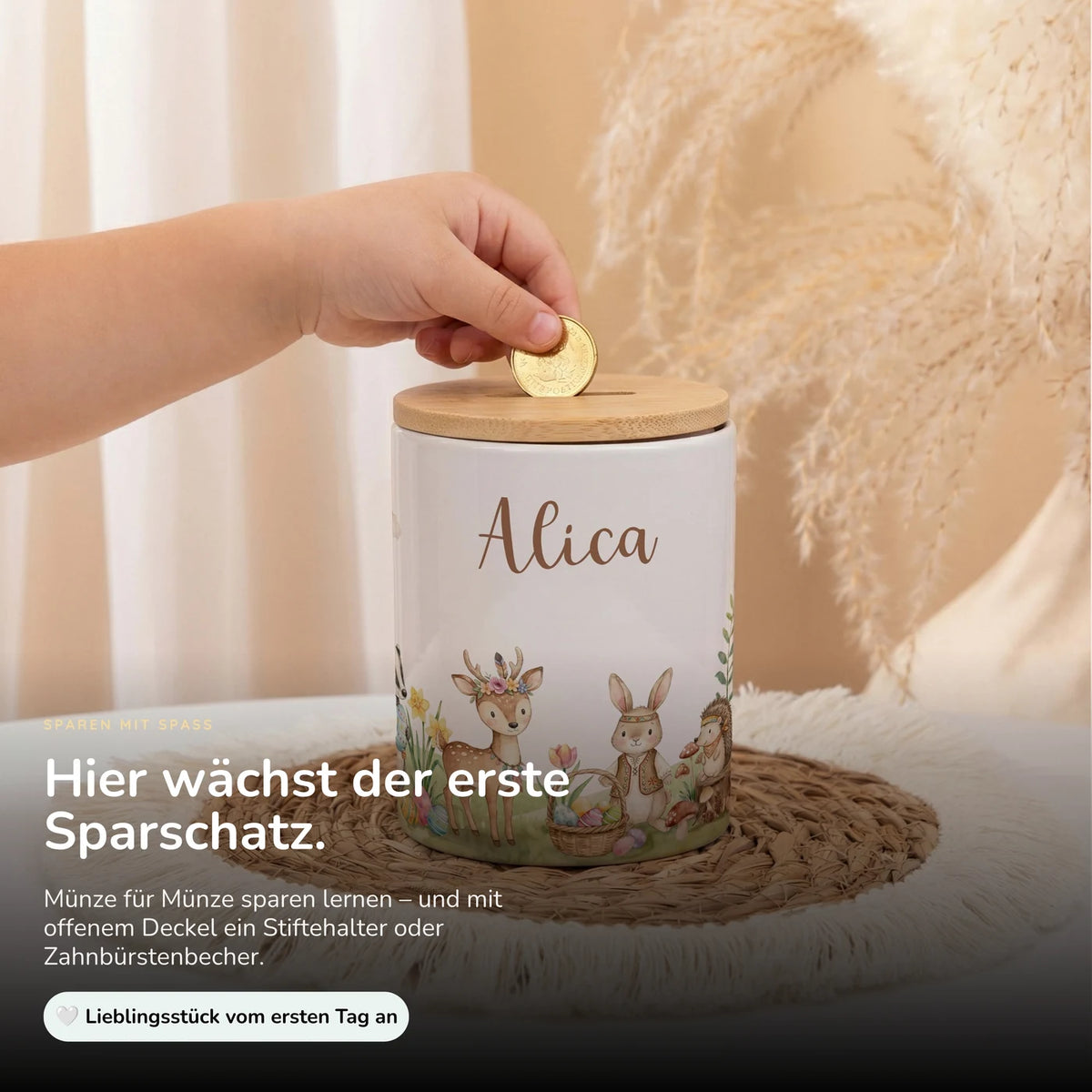 Personalisierte Spardose Ostern Waldtiere-Treff – Keramik & Bambus mit Wunschname