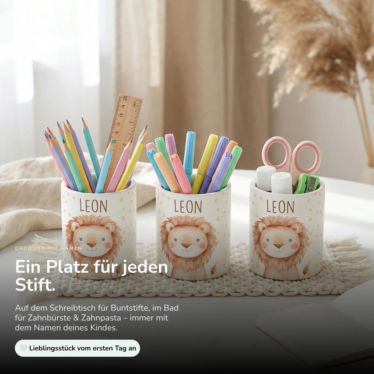 Personalisierter Stiftehalter Löwe Sterne – Keramik mit Wunschname