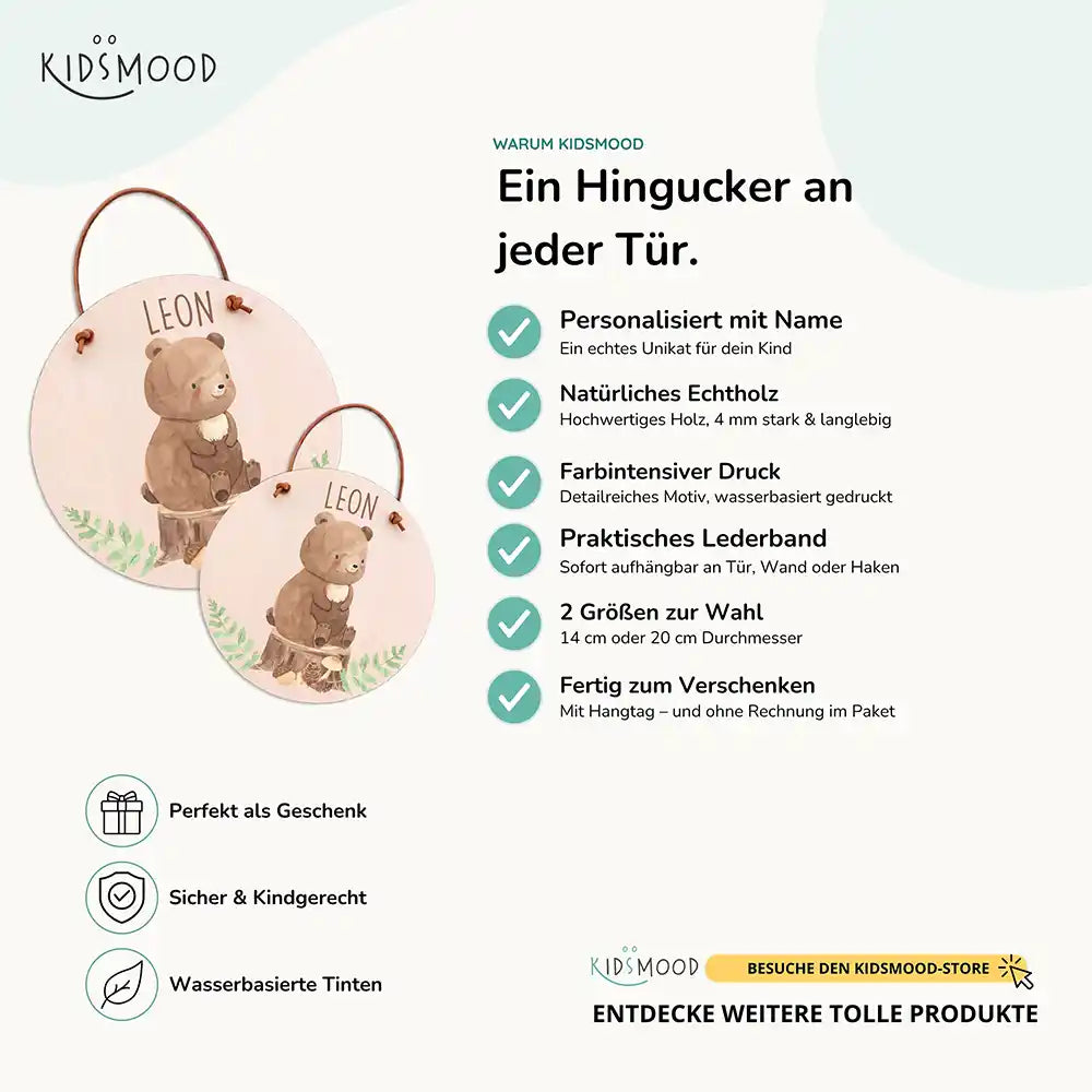 Türschild Kinderzimmer Bär im Wald, aus Echtholz mit Lederband, in zwei Größen
