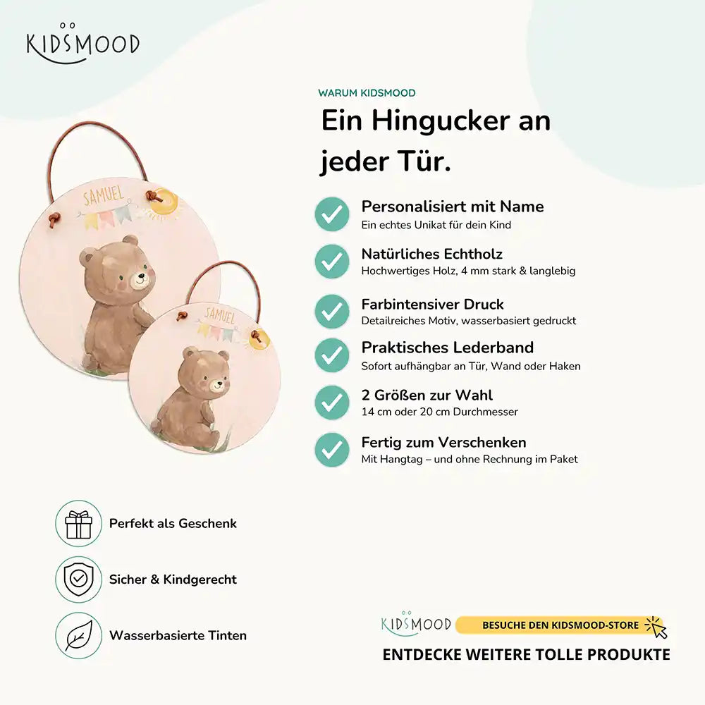 Türschild Kinderzimmer Bär mit Wimpelkette, aus Echtholz mit Lederband, in zwei Größen