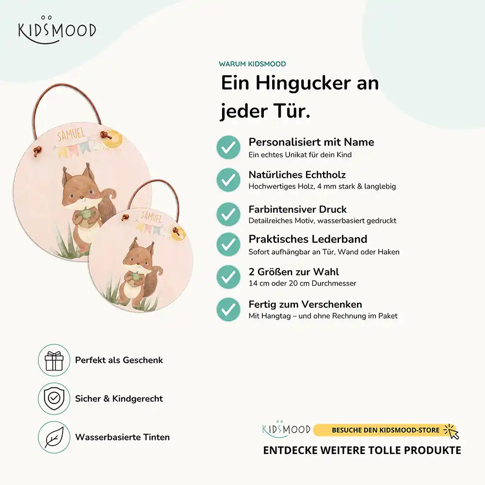 Türschild Kinderzimmer Eichhörnchen mit Wimpelkette, aus Echtholz mit Lederband, in zwei Größen
