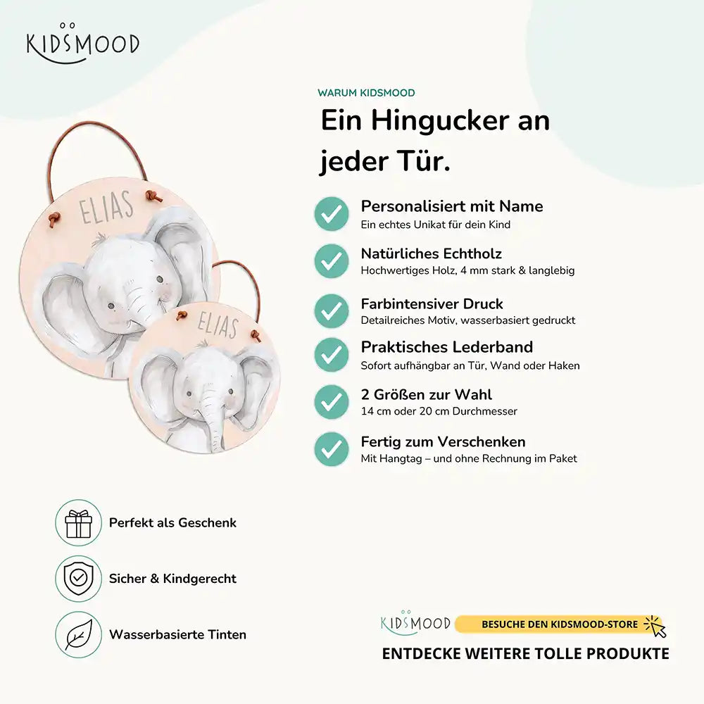 Türschild Kinderzimmer Elefant Porträt, aus Echtholz mit Lederband, in zwei Größen