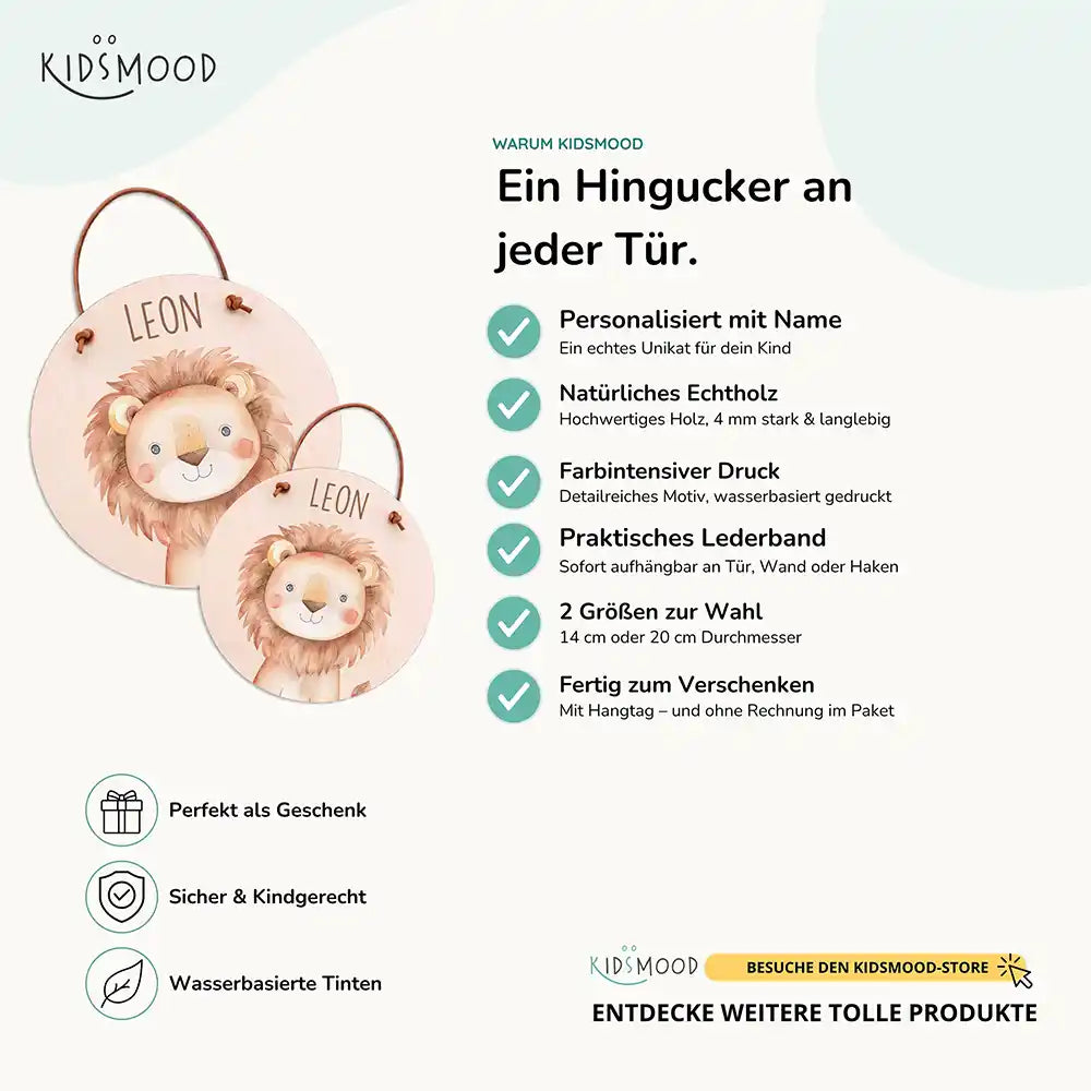 Türschild Kinderzimmer Löwe, aus Echtholz mit Lederband, in zwei Größen