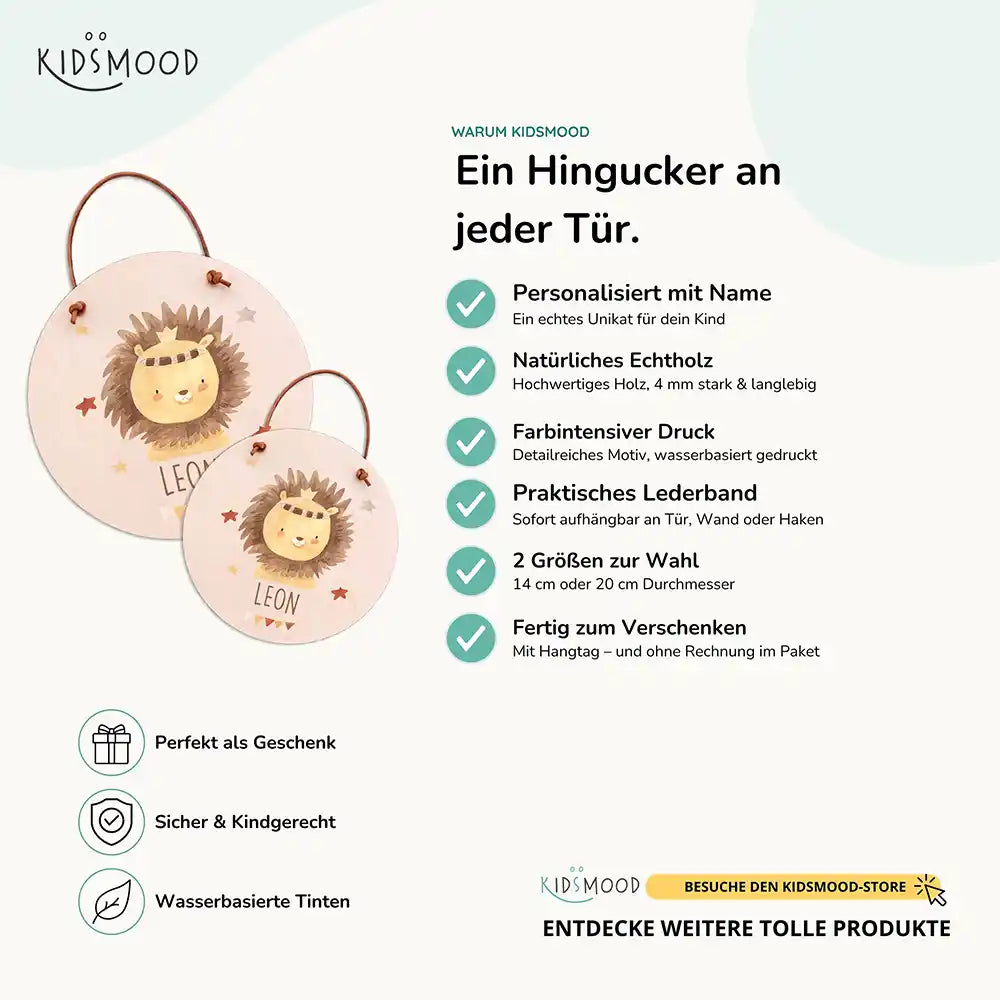 Türschild Kinderzimmer Löwe mit Krone, aus Echtholz mit Lederband, in zwei Größen