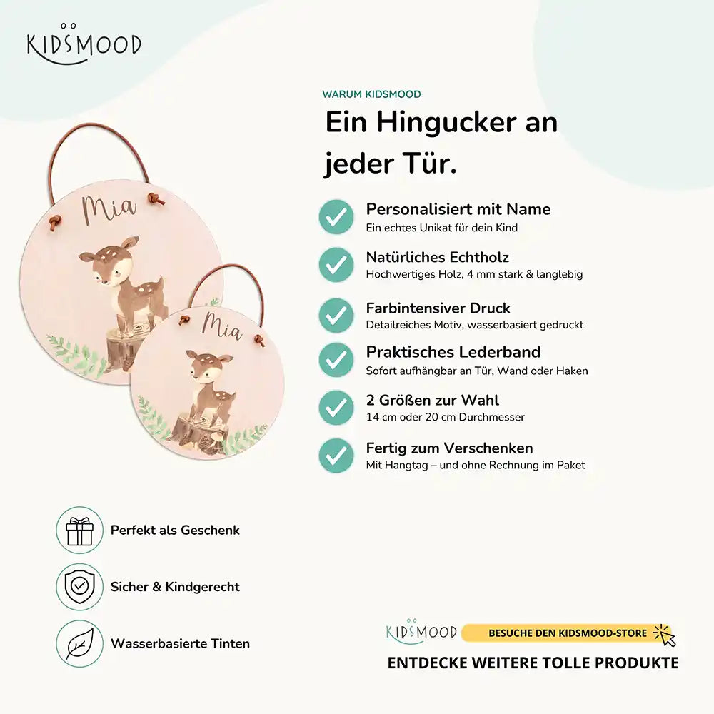 Türschild Kinderzimmer Reh im Wald, aus Echtholz mit Lederband, in zwei Größen