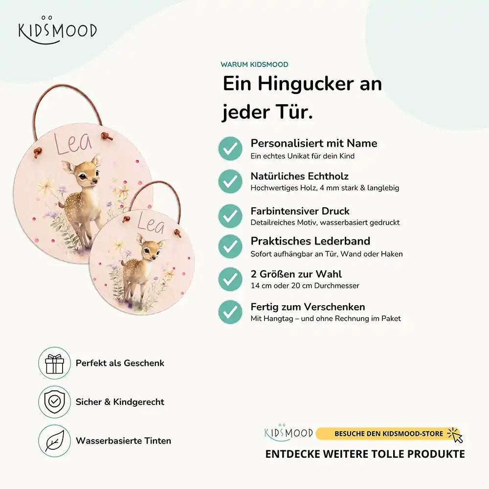 Türschild Kinderzimmer Reh mit Wildblumen, aus Echtholz mit Lederband, in zwei Größen