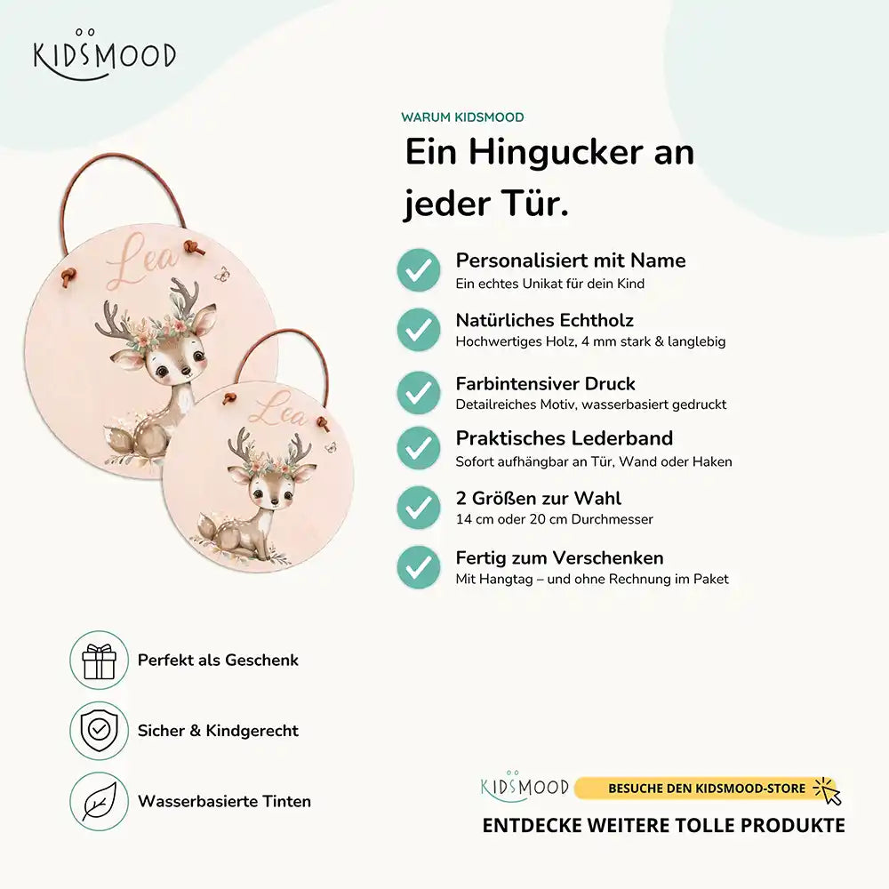 Türschild Kinderzimmer Rehkitz mit Blumenkrone, aus Echtholz mit Lederband, in zwei Größen