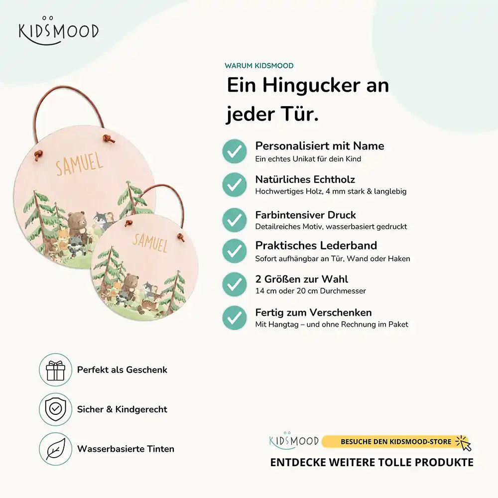 Türschild Kinderzimmer Waldtiere, aus Echtholz mit Lederband, in zwei Größen
