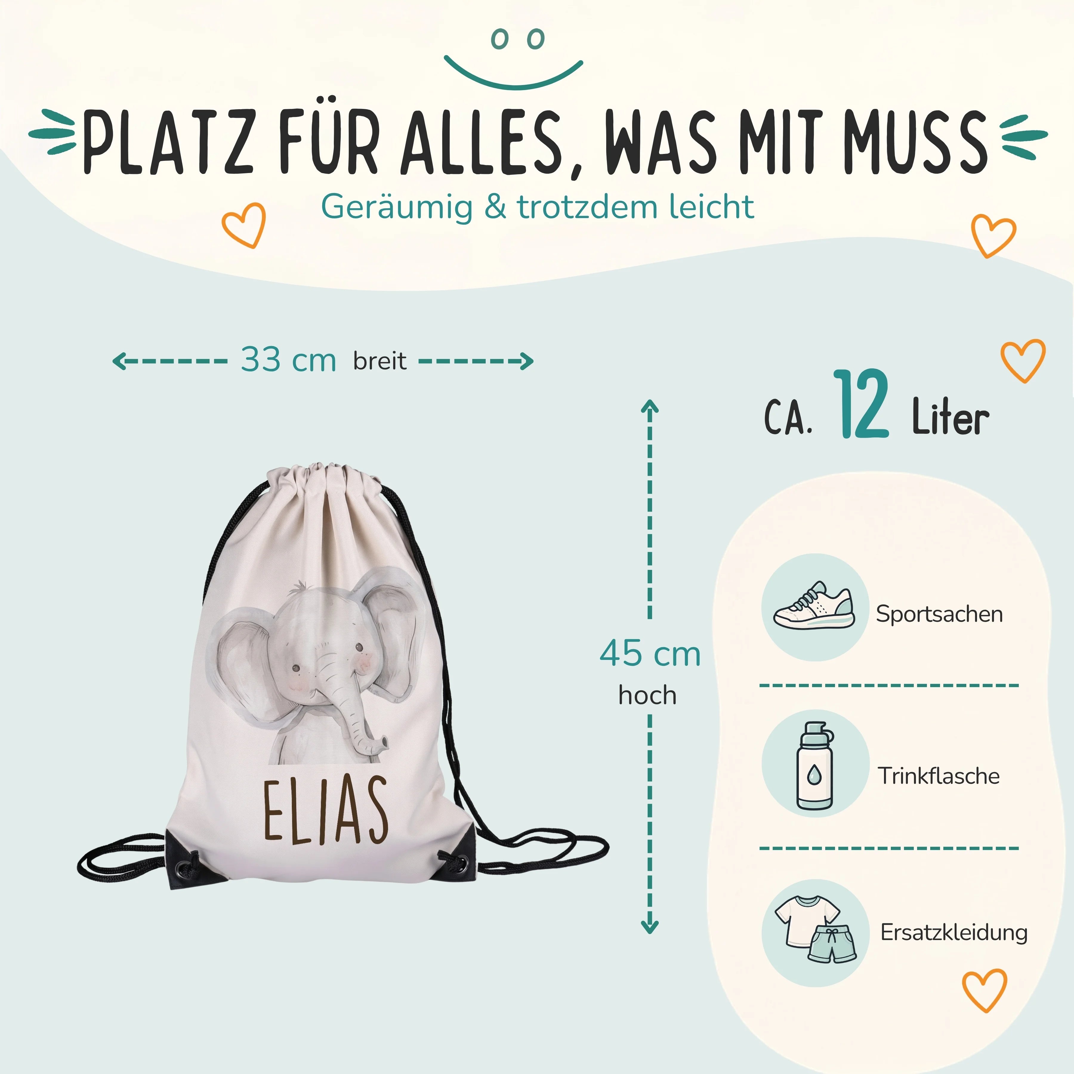 Personalisierter Turnbeutel Baby Elefant, Größe 33 x 45 cm mit ca. 12 Liter Fassungsvermögen