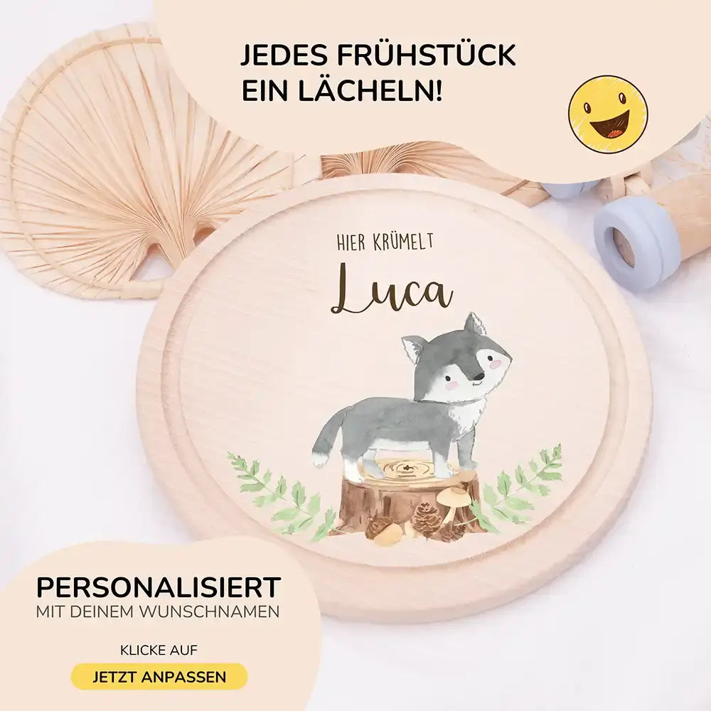 Rundes personalisiertes Frühstücksbrettchen Dachs mit Namen für Kinder
