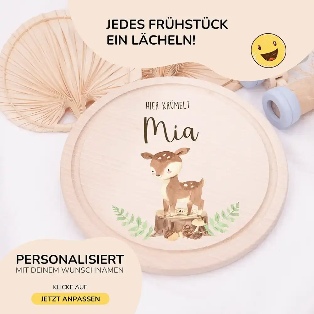 Rundes personalisiertes Frühstücksbrettchen Reh Waldtiere mit Namen für Kinder