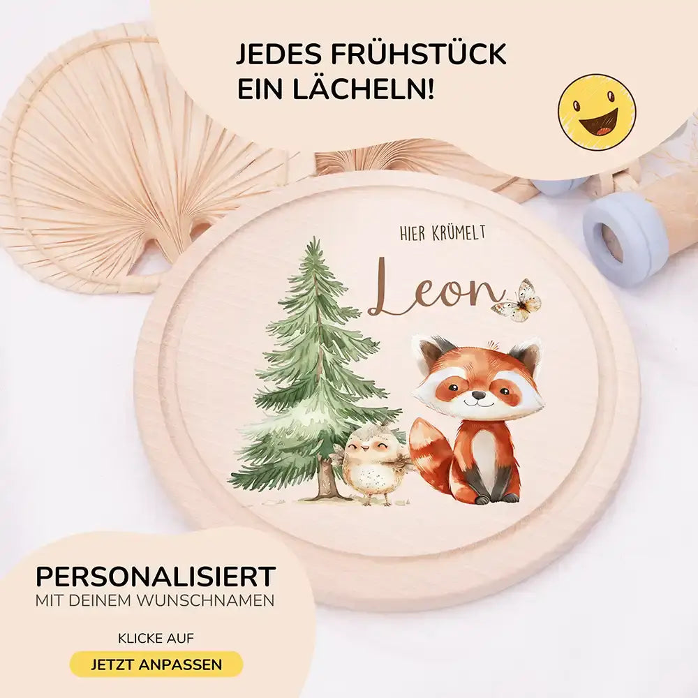 Rundes personalisiertes Frühstücksbrettchen Fuchs mit Namen für Kinder