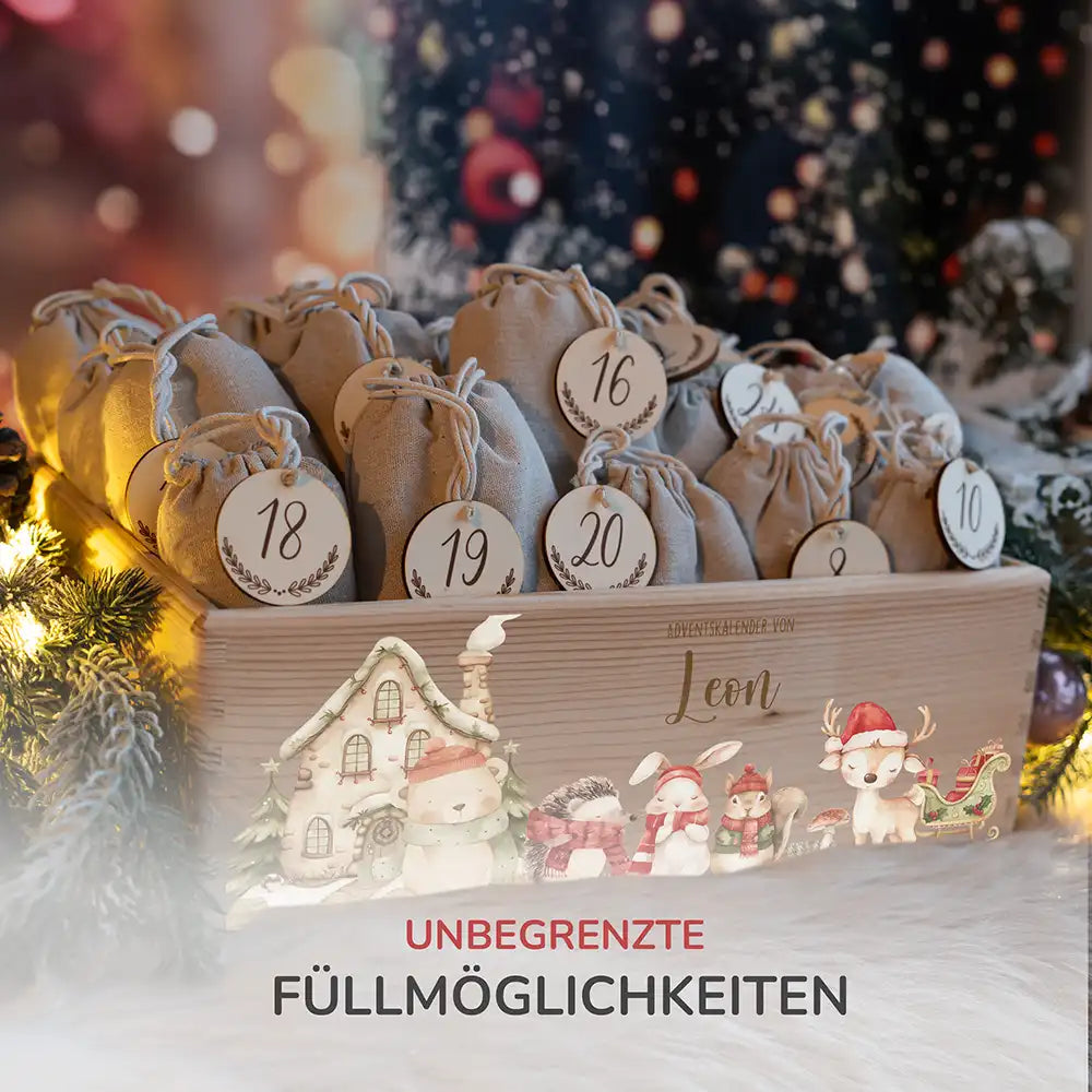 Adventskalender zum befüllen "Winterdorf mit Tieren" personalisiert