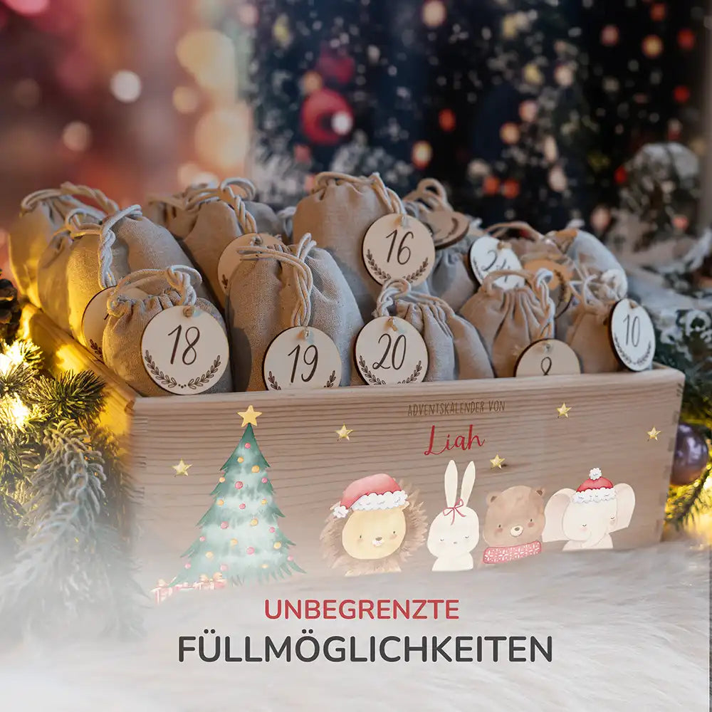 Adventskalender zum befüllen "Weihnachten mit weihnachtlichem Tiertrio" personalisiert