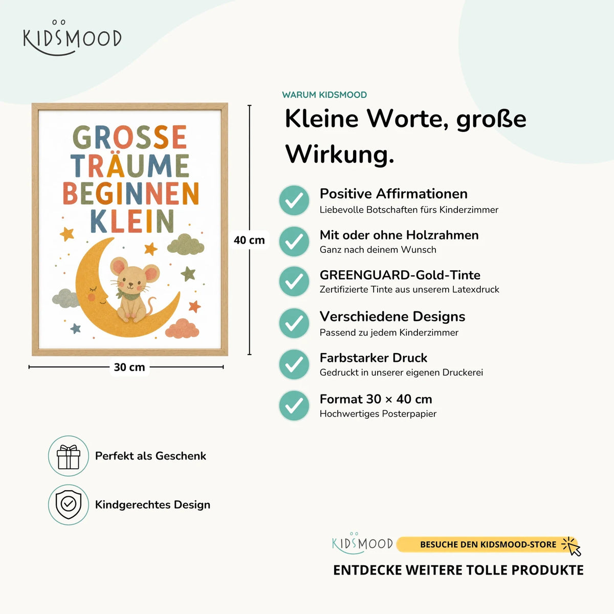 Affirmationsposter „Maus Große Träume“ im Überblick: 30 × 40 cm, mit oder ohne Holzrahmen, verschiedene Designs