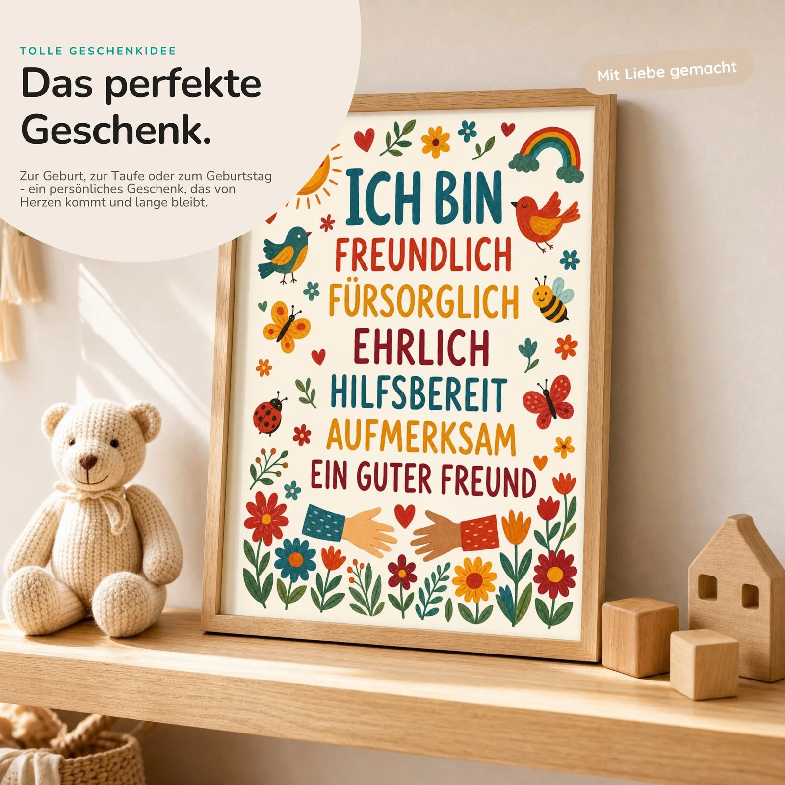Affirmationsposter Kinderzimmer Blumen Ich bin freundlich, mit optionalem Holzrahmen