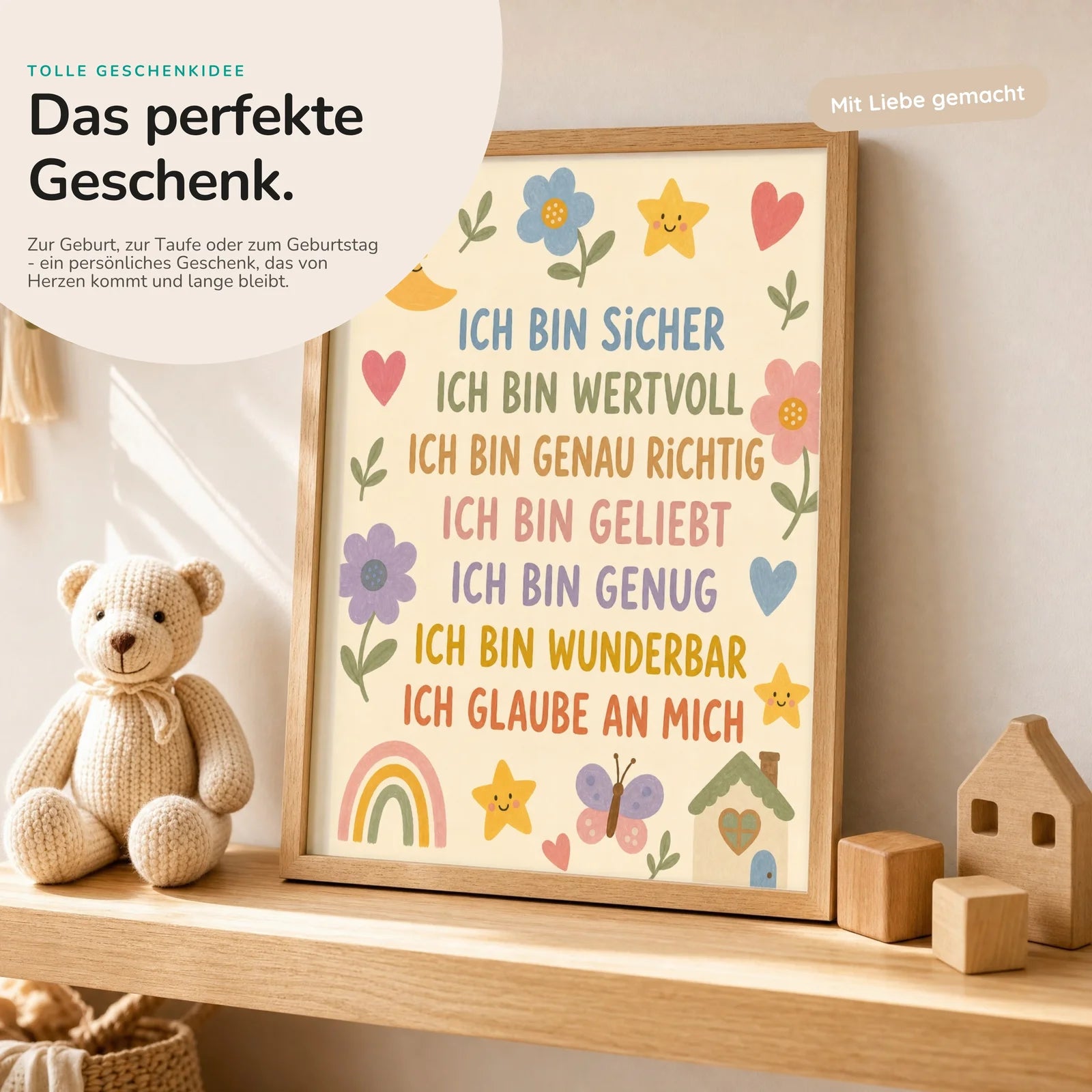 Affirmationsposter Kinderzimmer Blumenwiese Ich bin sicher, mit optionalem Holzrahmen