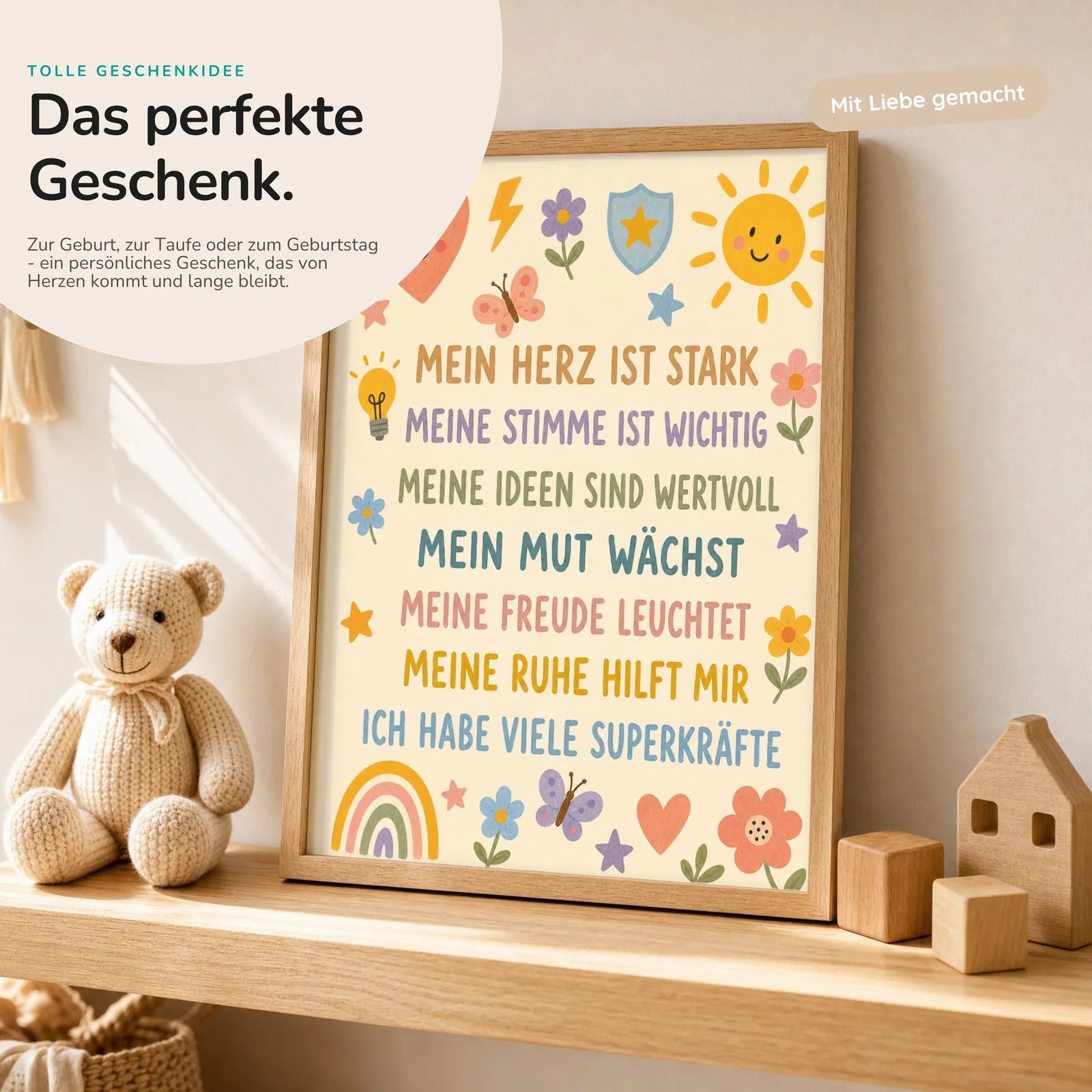 Affirmationsposter Kinderzimmer Blumenwiese Superkräfte, mit optionalem Holzrahmen