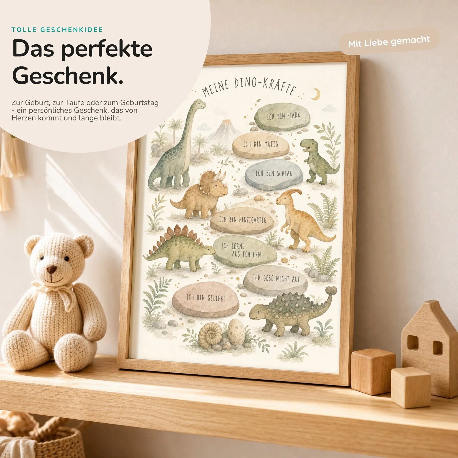 Affirmationsposter Kinderzimmer Dino-Kräfte, mit optionalem Holzrahmen
