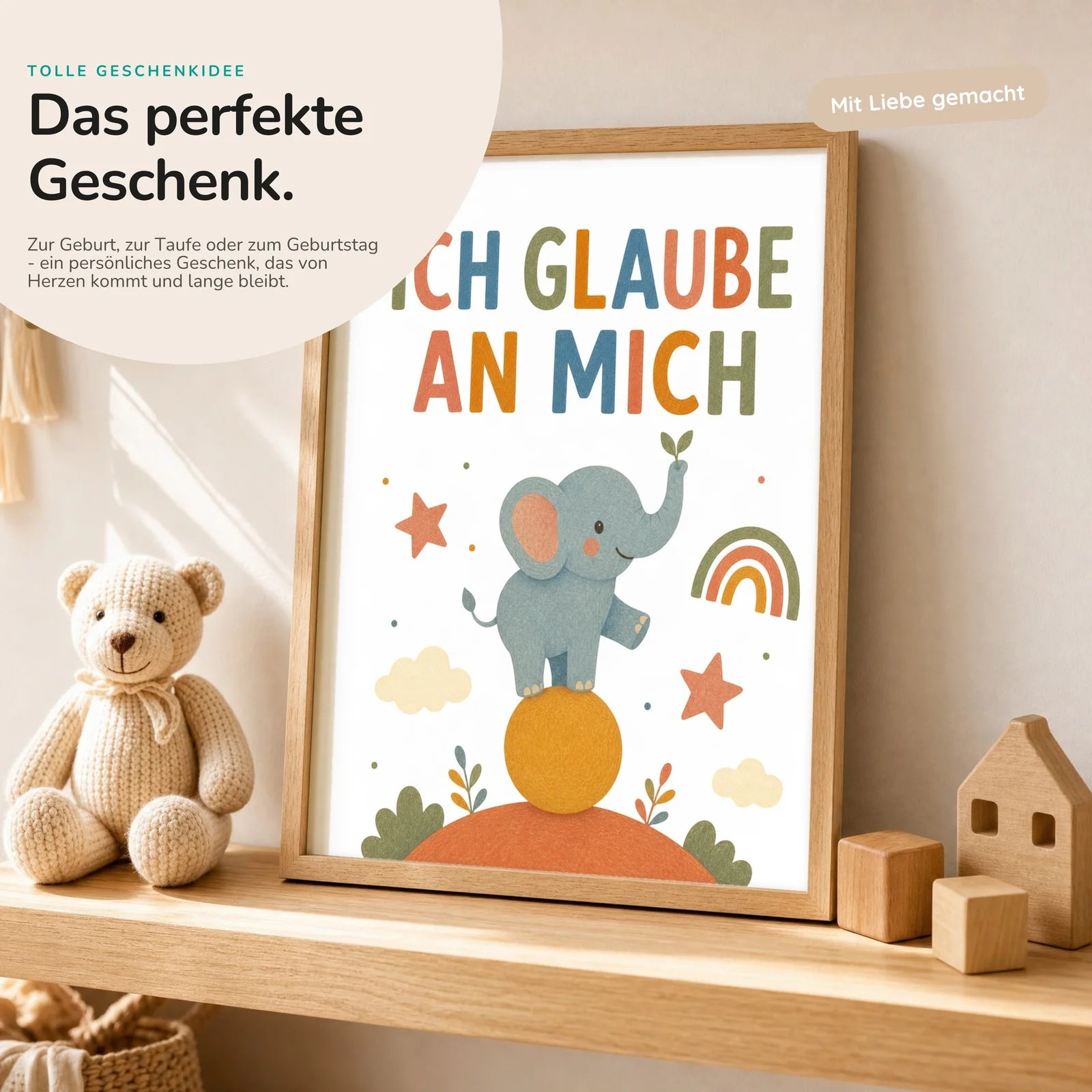 Affirmationsposter Kinderzimmer Elefant Ich glaube an mich, mit optionalem Holzrahmen
