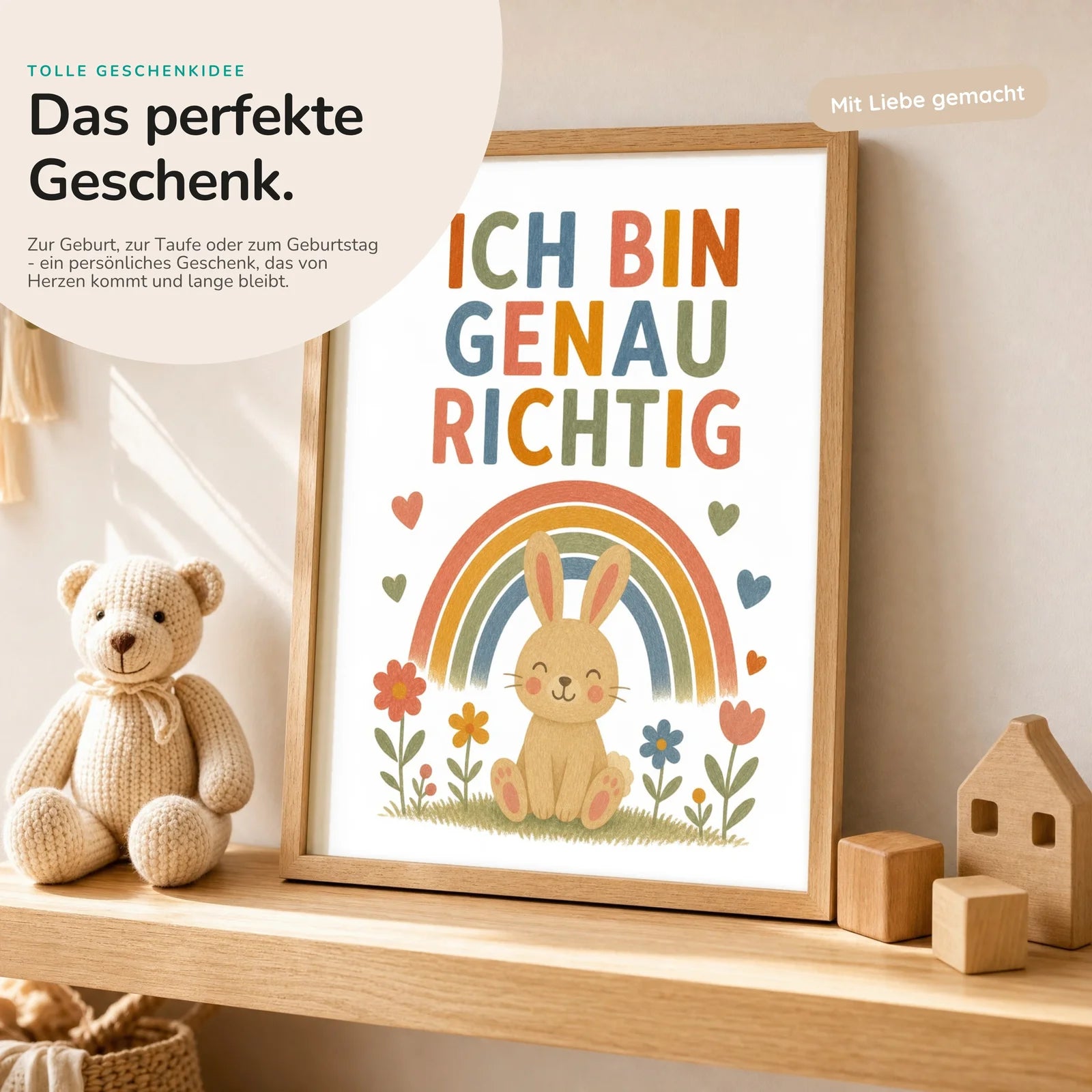 Affirmationsposter Kinderzimmer Hase Ich bin genau richtig, mit optionalem Holzrahmen