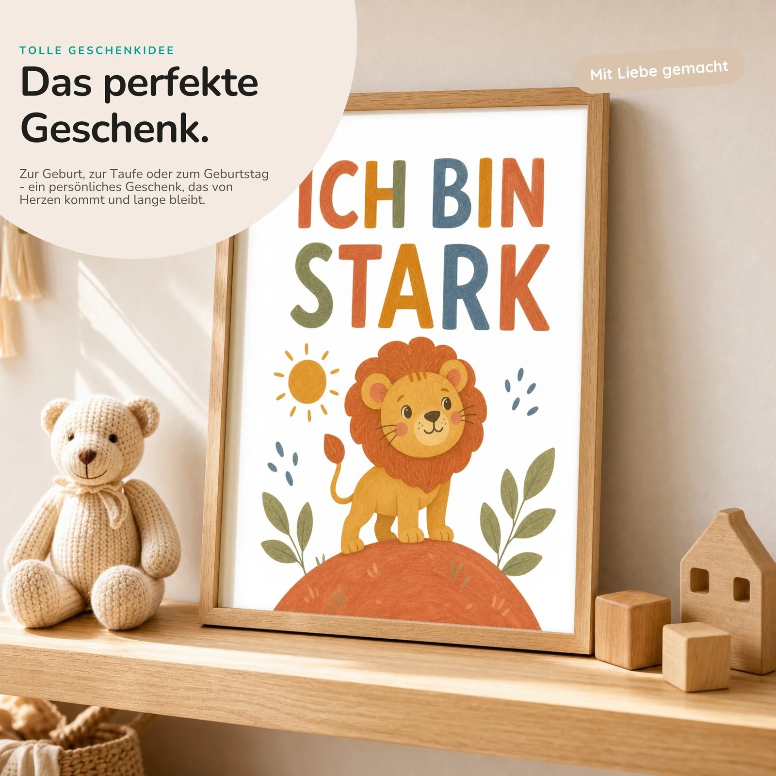 Affirmationsposter Kinderzimmer Löwe Ich bin stark, mit optionalem Holzrahmen