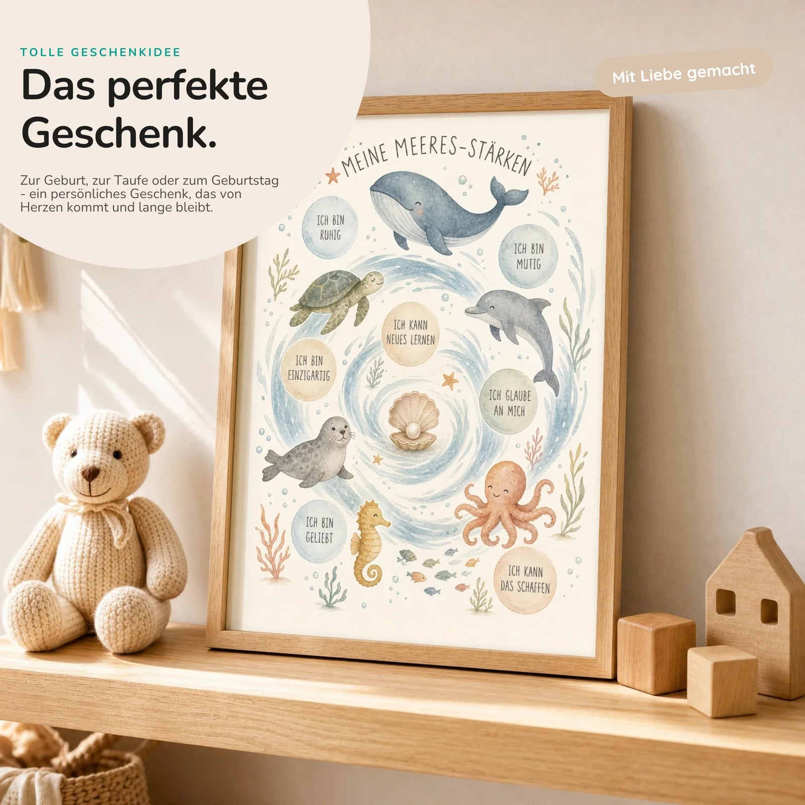 Affirmationsposter Kinderzimmer Meeres-Stärken, mit optionalem Holzrahmen