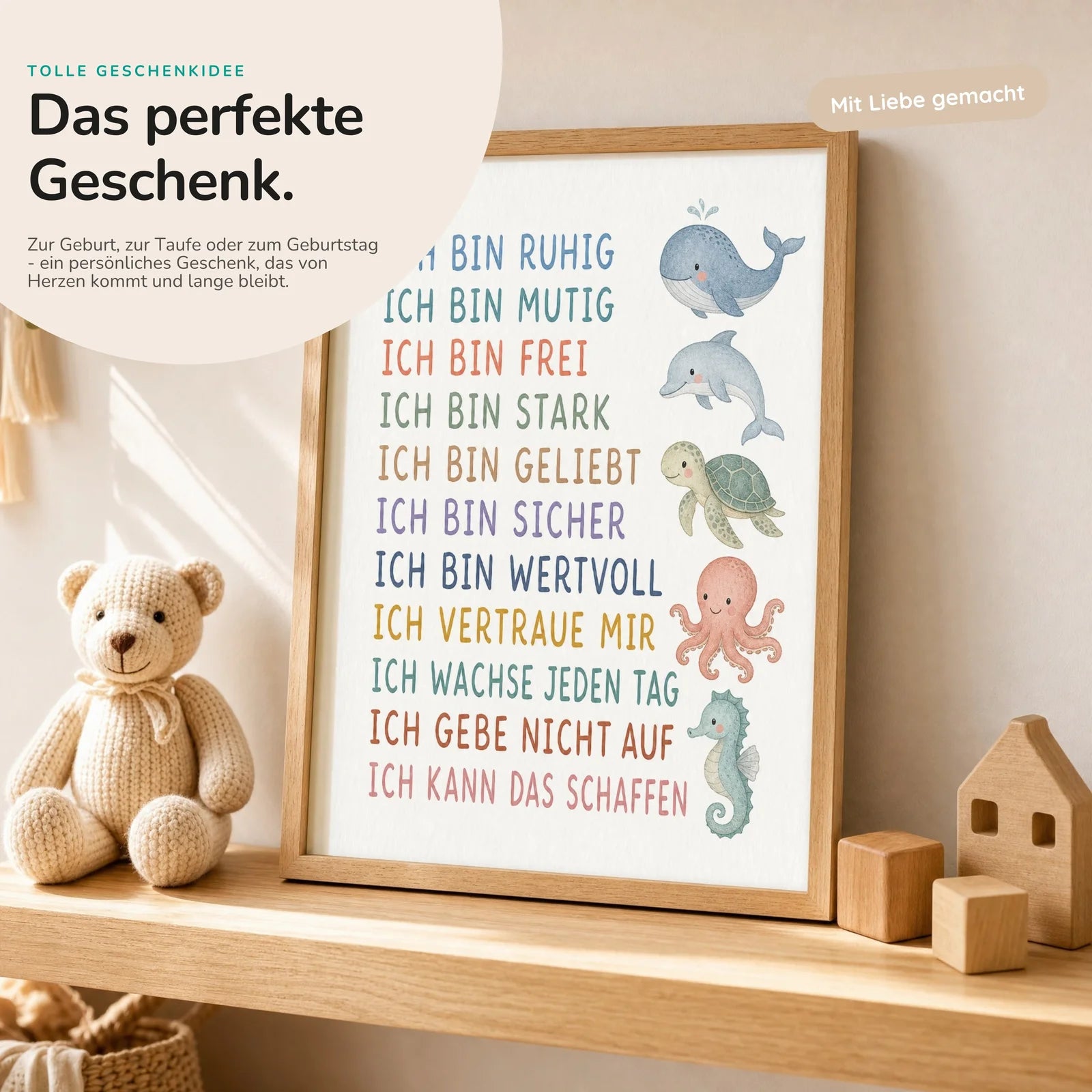 Affirmationsposter Kinderzimmer Meerestiere, mit optionalem Holzrahmen