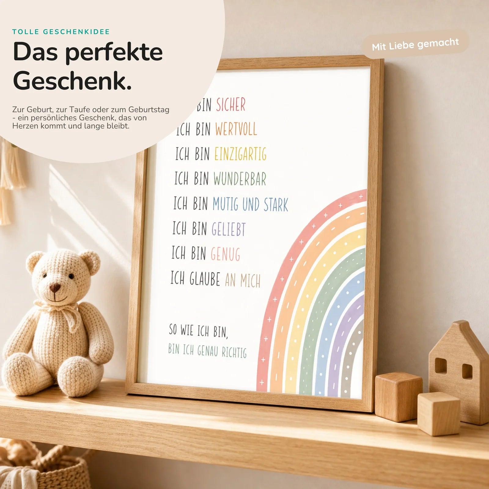 Affirmationsposter Kinderzimmer Minimal Ich bin, mit optionalem Holzrahmen