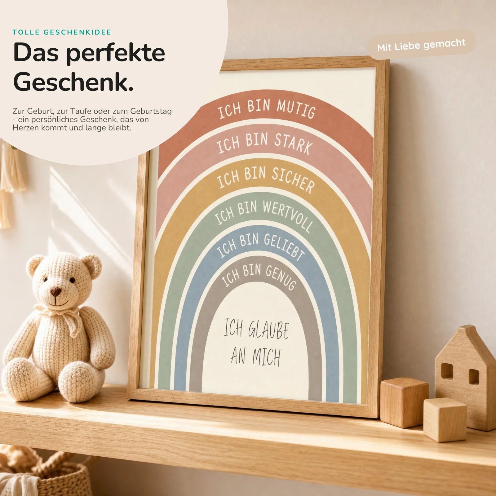 Affirmationsposter Kinderzimmer Regenbogen Creme, mit optionalem Holzrahmen